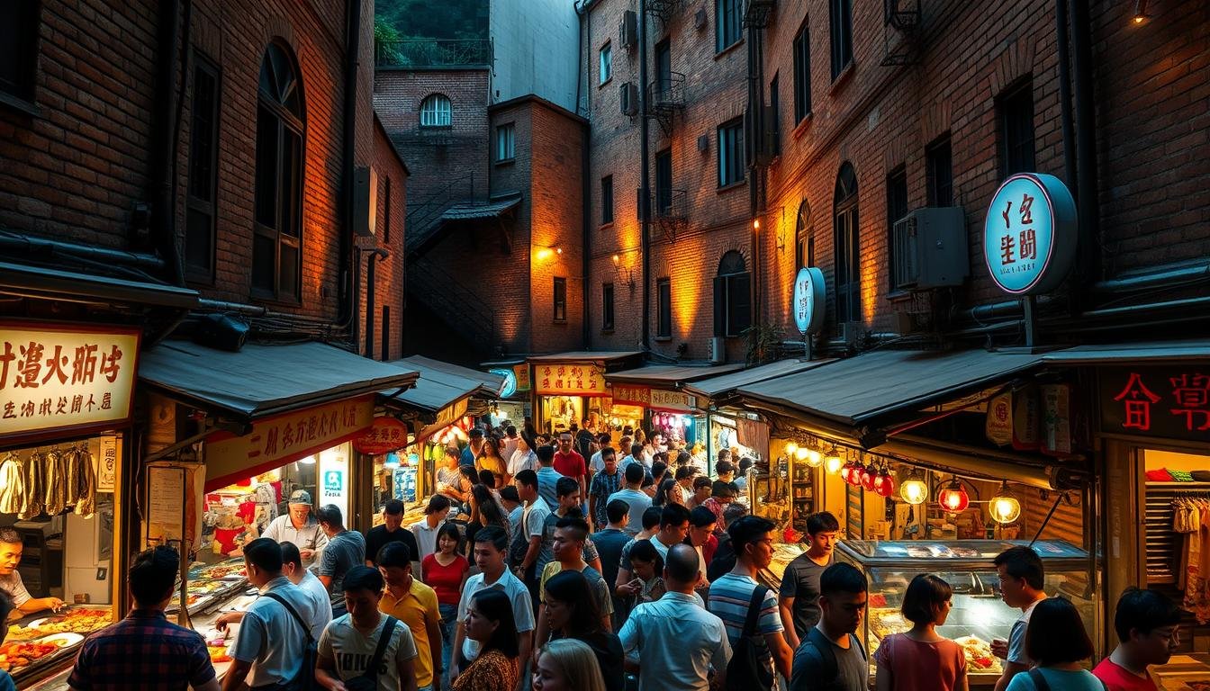 A bustling food court nestled in the heart of Kowloon Walled City, surrounded by the remnants of its storied past. Vibrant stalls offer a tantalizing array of local delicacies, from sizzling street food to aromatic Hong Kong-style cafes. Patrons weave through the lively crowd, immersed in the dynamic atmosphere and the scent of spices and sauces. Warm, golden lighting illuminates the scene, casting a cozy glow over the historic brick structures and winding alleys that frame the food plaza. An oasis of culinary exploration amidst the architectural echoes of Kowloon's captivating history.