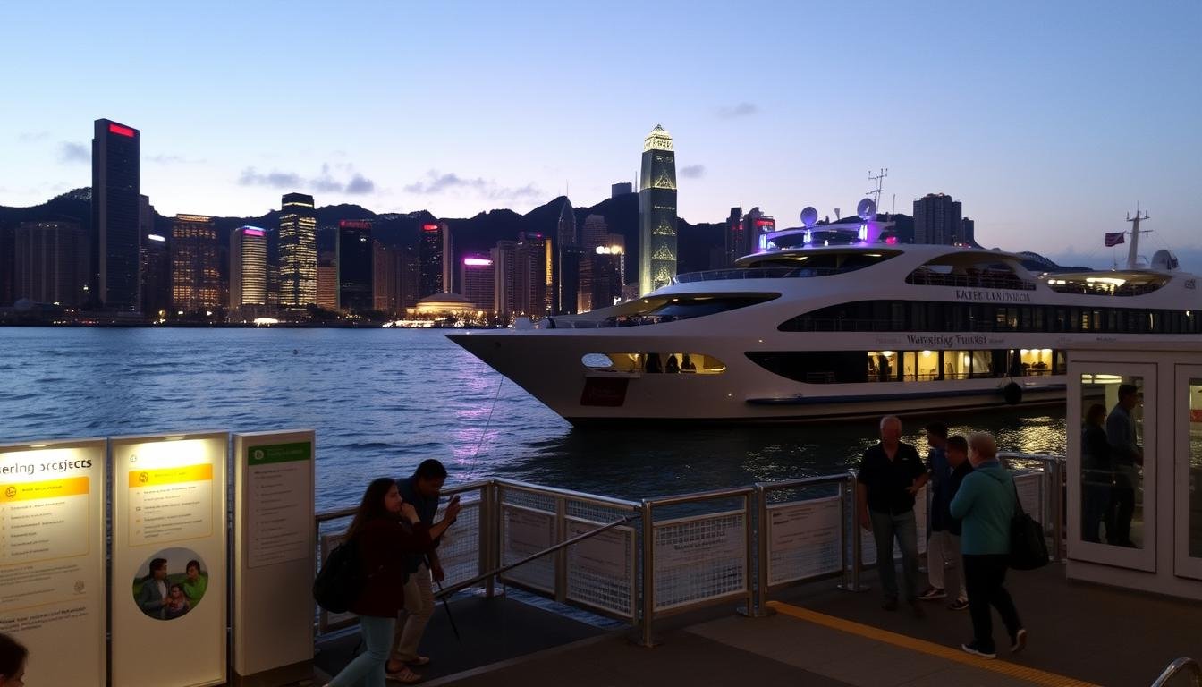 A bustling harbor scene at dusk, with the iconic Hong Kong skyline in the background. In the foreground, a well-lit passenger boarding area with clear signage and a designated photo spot, inviting visitors to capture the stunning night view. The middle ground features a modern, sleek cruise ship, its exterior illuminated by warm lighting, ready to embark on a mesmerizing harbor tour. The atmosphere is one of anticipation and excitement, with a touch of elegance, perfectly suited for an unforgettable sightseeing experience.