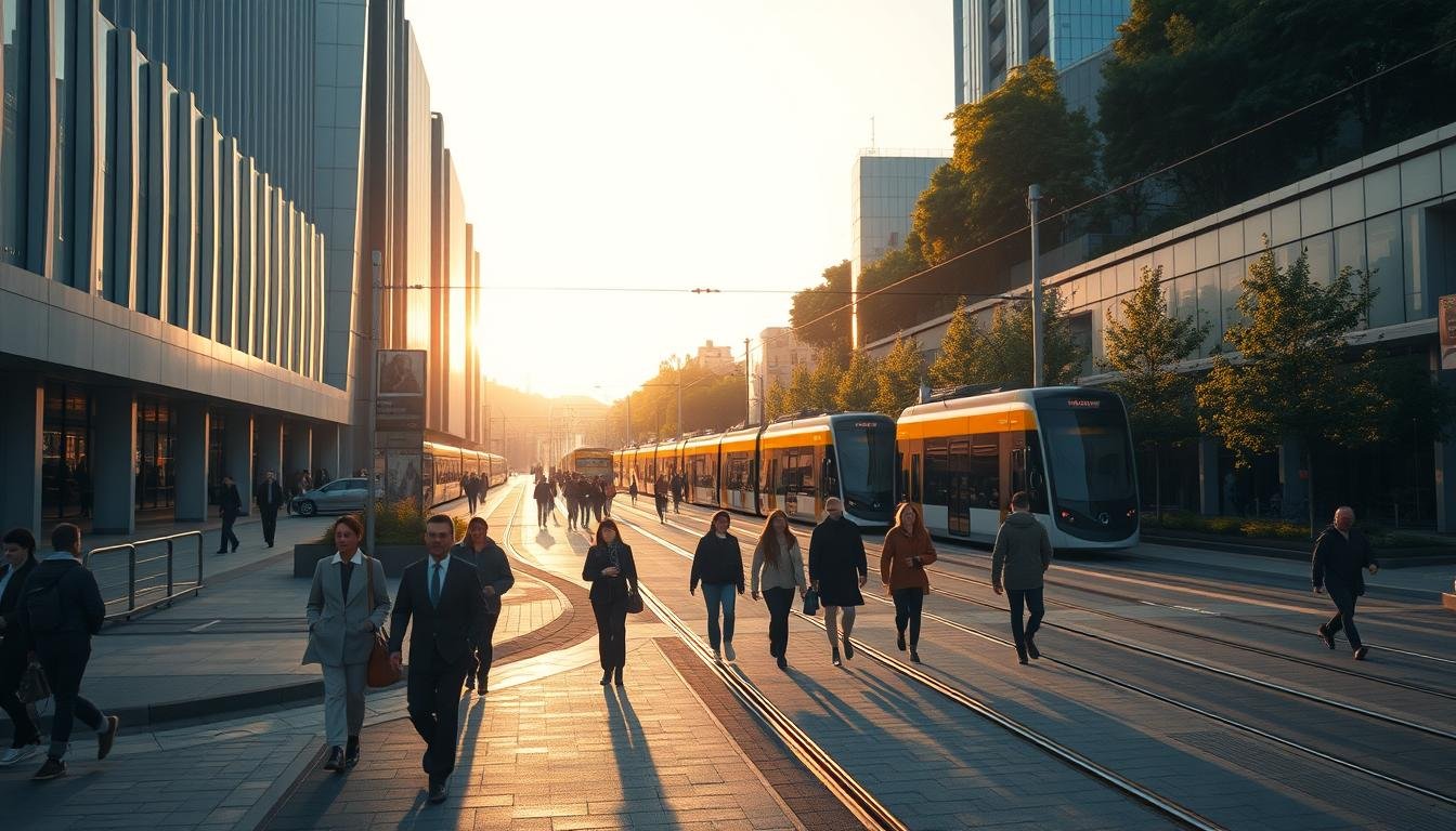 A bustling intersection of pedestrian paths and tram lines, with sleek modern architecture and lush greenery in the background. The scene is bathed in warm, golden-hour lighting, casting long shadows and a serene, contemplative atmosphere. A group of travelers stroll along the paths, taking in the sights and navigating the transportation hub with ease. The composition emphasizes the flow and interconnectedness of the different modes of transit, inviting the viewer to explore this cultural hub. Cinematic camera angles and a sense of depth create an immersive, almost cinematic feel to the image. A bustling intersection of pedestrian paths and tram lines, with sleek modern architecture and lush greenery in the background. The scene is bathed in warm, golden-hour lighting, casting long shadows and a serene, contemplative atmosphere. A group of travelers stroll along the paths, taking in the sights and navigating the transportation hub with ease. The composition emphasizes the flow and interconnectedness of the different modes of transit, inviting the viewer to explore this cultural hub. Cinematic camera angles and a sense of depth create an immersive, almost cinematic feel to the image.