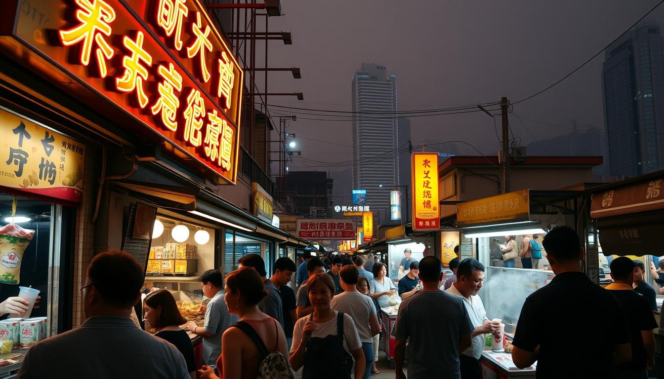 A bustling night market in Hong Kong, brightly lit stalls serving up aromatic street food. In the foreground, a large sign reads "營業 時間" in vibrant neon Chinese characters, illuminating the scene. Patrons mill about, sampling fragrant stinky tofu and sipping steaming bubble tea. The middle ground features a mix of traditional and modern architecture, while the background is a hazy skyline of skyscrapers. Warm, golden lighting casts a cozy glow, evoking the lively nighttime atmosphere. A wide-angle lens captures the dynamic energy and bustling activity of this quintessential Hong Kong night market experience. A bustling night market in Hong Kong, brightly lit stalls serving up aromatic street food. In the foreground, a large sign reads "營業 時間" in vibrant neon Chinese characters, illuminating the scene. Patrons mill about, sampling fragrant stinky tofu and sipping steaming bubble tea. The middle ground features a mix of traditional and modern architecture, while the background is a hazy skyline of skyscrapers. Warm, golden lighting casts a cozy glow, evoking the lively nighttime atmosphere. A wide-angle lens captures the dynamic energy and bustling activity of this quintessential Hong Kong night market experience.