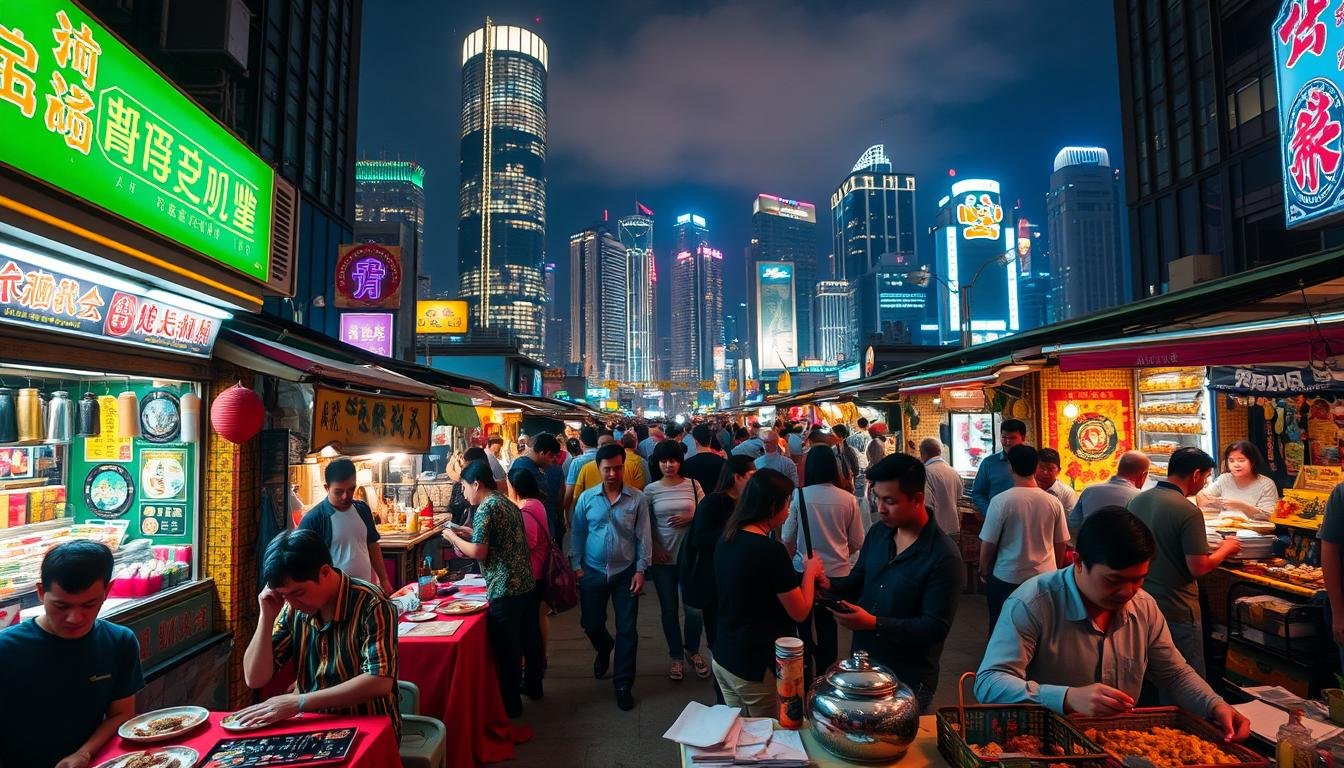 A bustling night market in Hong Kong, with vibrant stalls and neon lights casting a warm glow over the crowd. In the foreground, a group of fortune tellers sit at their tables, their hands moving with practiced motions as they read palms and cast divinations. The middle ground is filled with the energy of the market, with shoppers browsing stalls selling exotic goods and street food vendors sizzling up delectable treats. In the background, the towering skyscrapers of the city skyline loom, a contrast between the ancient traditions and the modern, ever-evolving urban landscape. The scene is imbued with a sense of mystery and possibility, inviting the viewer to step into the vibrant world of Hong Kong's night market and explore the future that lies within. A bustling night market in Hong Kong, with vibrant stalls and neon lights casting a warm glow over the crowd. In the foreground, a group of fortune tellers sit at their tables, their hands moving with practiced motions as they read palms and cast divinations. The middle ground is filled with the energy of the market, with shoppers browsing stalls selling exotic goods and street food vendors sizzling up delectable treats. In the background, the towering skyscrapers of the city skyline loom, a contrast between the ancient traditions and the modern, ever-evolving urban landscape. The scene is imbued with a sense of mystery and possibility, inviting the viewer to step into the vibrant world of Hong Kong's night market and explore the future that lies within.
