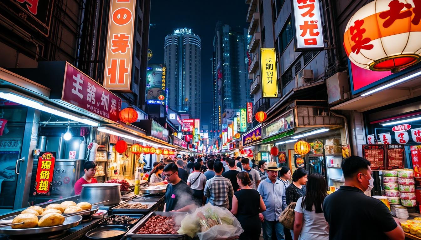 A bustling night market in Seoul, South Korea, featuring an array of vibrant street food stalls. In the foreground, sizzling Korean pancakes, skewered meats, and steaming dumplings capture the senses. The middle ground showcases the lively atmosphere, with crowds of people wandering through the narrow alleyways, illuminated by the warm glow of lanterns and neon signs. In the background, the towering buildings of the Myeong-dong district create a dynamic urban backdrop, while the night sky adds a sense of tranquility. The scene exudes a captivating blend of aromas, flavors, and energy, inviting the viewer to immerse themselves in the bustling culinary experience of a traditional Korean night market.