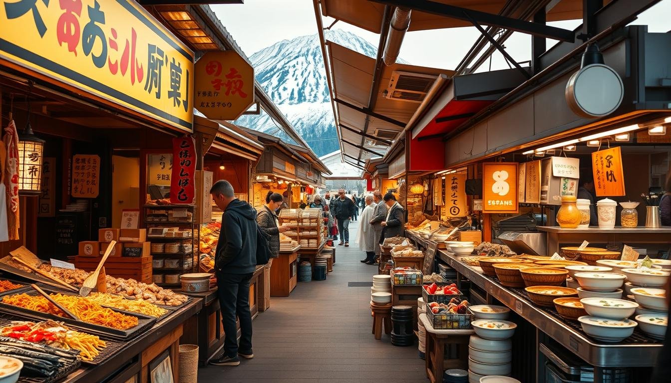 A bustling open-air market in Hokkaido, filled with vibrant stalls showcasing an array of local delicacies. The foreground features a display of fresh seafood, sizzling yakisoba, and steaming ramen bowls, inviting passersby to indulge in the rich, umami flavors of the region. In the middle ground, artisanal food producers demonstrate traditional techniques, from the delicate hand-rolling of sushi to the intricate crafting of Ainu-inspired sweets. The background reveals the snow-capped peaks of the Daisetsuzan mountains, casting a serene, picturesque backdrop to this immersive culinary experience. Warm, natural lighting and a soft, inviting atmosphere evoke a sense of authentic cultural discovery and local pride. A bustling open-air market in Hokkaido, filled with vibrant stalls showcasing an array of local delicacies. The foreground features a display of fresh seafood, sizzling yakisoba, and steaming ramen bowls, inviting passersby to indulge in the rich, umami flavors of the region. In the middle ground, artisanal food producers demonstrate traditional techniques, from the delicate hand-rolling of sushi to the intricate crafting of Ainu-inspired sweets. The background reveals the snow-capped peaks of the Daisetsuzan mountains, casting a serene, picturesque backdrop to this immersive culinary experience. Warm, natural lighting and a soft, inviting atmosphere evoke a sense of authentic cultural discovery and local pride.