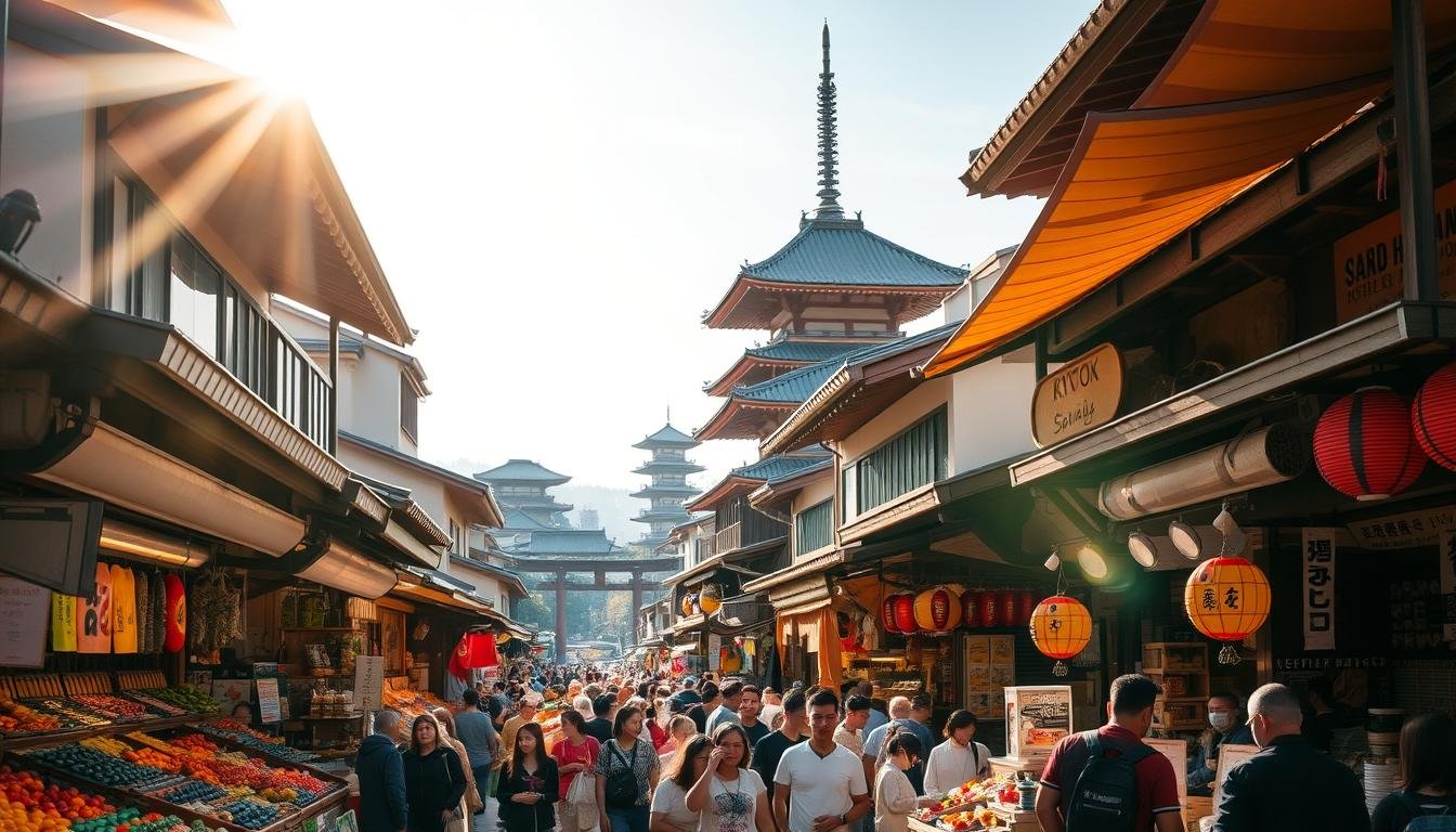 A bustling open-air market in Kyoto, Japan, with traditional wooden stalls and awnings lining the narrow streets. The sun filters through the canopy, casting a warm, golden glow over the scene. Vibrant displays of local produce, handcrafted wares, and tempting street food stalls fill the foreground, inviting visitors to explore and indulge their senses. In the middle ground, crowds of shoppers weave through the lively atmosphere, creating a sense of energy and activity. The backdrop features the distinctive architecture of historic Kyoto, with pagodas and temples peeking out in the distance, hinting at the cultural richness of the city. The overall mood is one of bustling tradition, where the past and present seamlessly intertwine.