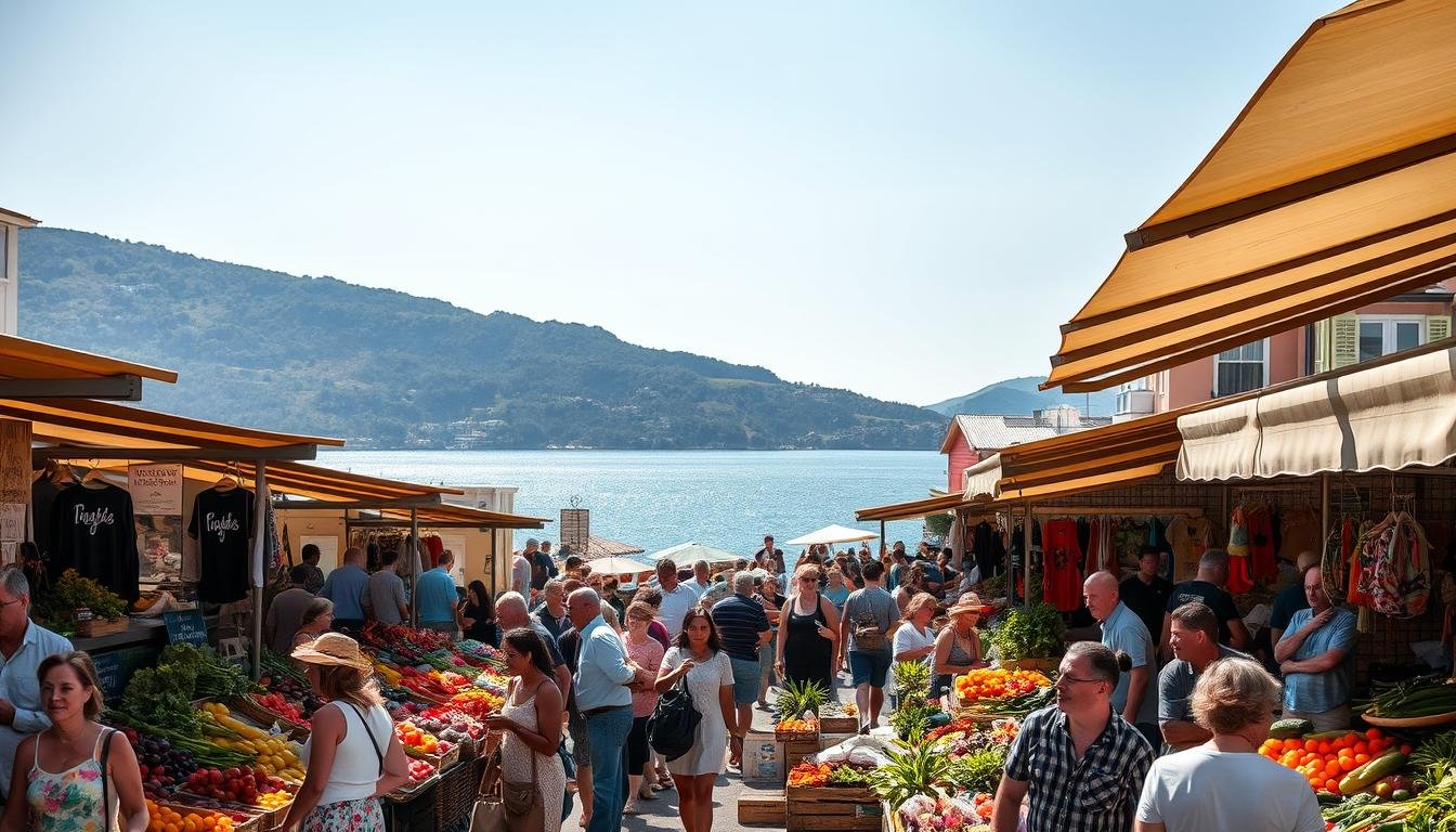 A bustling open-air market in the seaside town, stalls brimming with locally-grown produce and artisanal crafts. Warm sunlight filters through the canopies, casting gentle shadows on the busy crowd. In the foreground, shoppers leisurely browse the selection, engaging with friendly vendors. The middle ground features a diverse array of seasonal fruits, vegetables, and freshly-cut flowers. In the background, the serene coastline and lush hills provide a picturesque natural backdrop, creating a harmonious blend of urban and rural elements. An atmosphere of community, tradition, and connection permeates the scene. A bustling open-air market in the seaside town, stalls brimming with locally-grown produce and artisanal crafts. Warm sunlight filters through the canopies, casting gentle shadows on the busy crowd. In the foreground, shoppers leisurely browse the selection, engaging with friendly vendors. The middle ground features a diverse array of seasonal fruits, vegetables, and freshly-cut flowers. In the background, the serene coastline and lush hills provide a picturesque natural backdrop, creating a harmonious blend of urban and rural elements. An atmosphere of community, tradition, and connection permeates the scene.