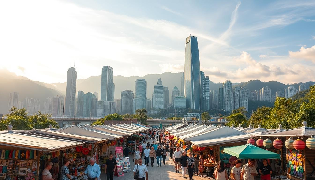 A bustling open-air marketplace set against the backdrop of Hong Kong's iconic skyline. In the foreground, a vibrant array of colorful artisanal stalls and pop-up shops, each offering a diverse range of handcrafted wares and unique artistic creations. The middle ground features a mix of pedestrians and passersby, immersed in the lively atmosphere and browsing the tantalizing selections. In the distance, the towering skyscrapers and lush greenery of the urban landscape provide a striking contrast, bathed in warm, golden sunlight filtering through wispy clouds. The overall scene conveys a sense of energy, creativity, and cultural exploration, inviting the viewer to imagine the dynamic ebb and flow of this captivating art and craft market.