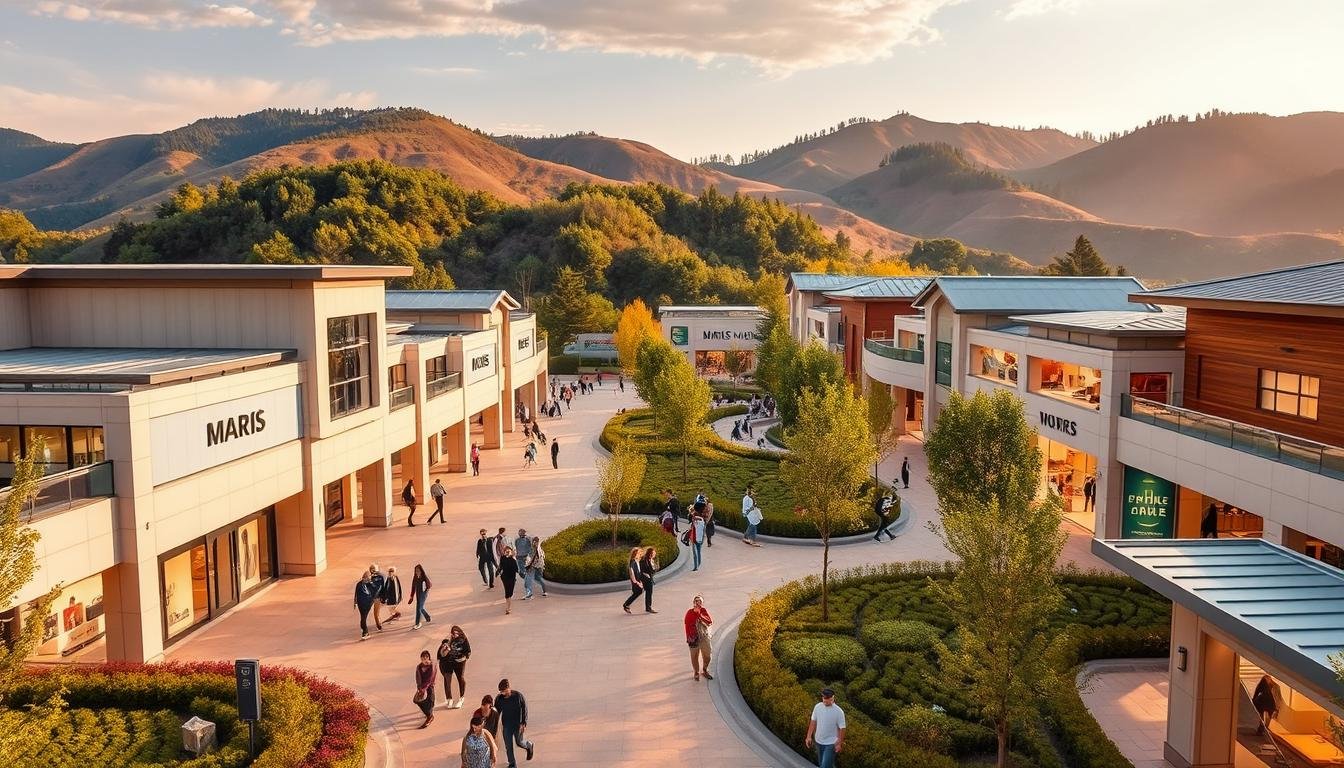 A bustling outdoor shopping complex nestled in the lush hills of Paju, South Korea. The Paju Premium Outlets showcase a seamless flow of foot traffic through well-designed pathways, leading visitors past a diverse array of high-end international brands. Warm natural light filters through the open-air layout, casting a soft glow on the sleek modern architecture and meticulously landscaped gardens. Shoppers stroll leisurely, browsing the latest fashion and lifestyle collections while enjoying the scenic vistas of the surrounding countryside. The overall atmosphere exudes a sense of luxury and tranquility, creating an ideal setting for a premium shopping experience.
