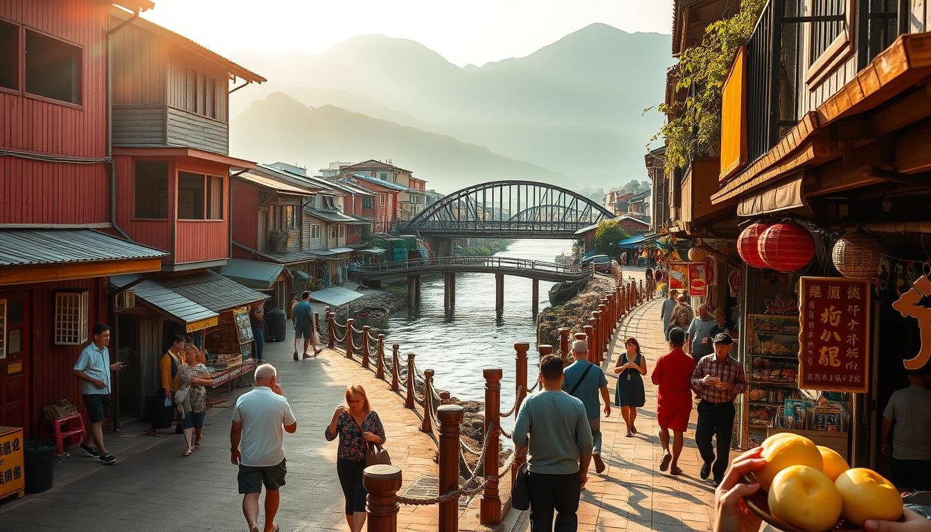 A bustling pedestrian walkway winds through the charming fishing village of Tai O, Hong Kong. Quaint traditional stilt houses and rustic shops line the riverbanks, their vibrant colors reflected in the calm waters. In the foreground, people stroll leisurely, sampling delectable local delicacies like steaming salted egg yolk buns. The middle ground features scenic bridges arching over the tranquil river, leading the eye towards the distant mountains shrouded in a soft, atmospheric haze. Warm, golden sunlight filters through, casting a cozy, inviting glow over the entire scene. This immersive, visually captivating image captures the essence of Tai O's unique culinary and scenic experiences. A bustling pedestrian walkway winds through the charming fishing village of Tai O, Hong Kong. Quaint traditional stilt houses and rustic shops line the riverbanks, their vibrant colors reflected in the calm waters. In the foreground, people stroll leisurely, sampling delectable local delicacies like steaming salted egg yolk buns. The middle ground features scenic bridges arching over the tranquil river, leading the eye towards the distant mountains shrouded in a soft, atmospheric haze. Warm, golden sunlight filters through, casting a cozy, inviting glow over the entire scene. This immersive, visually captivating image captures the essence of Tai O's unique culinary and scenic experiences.