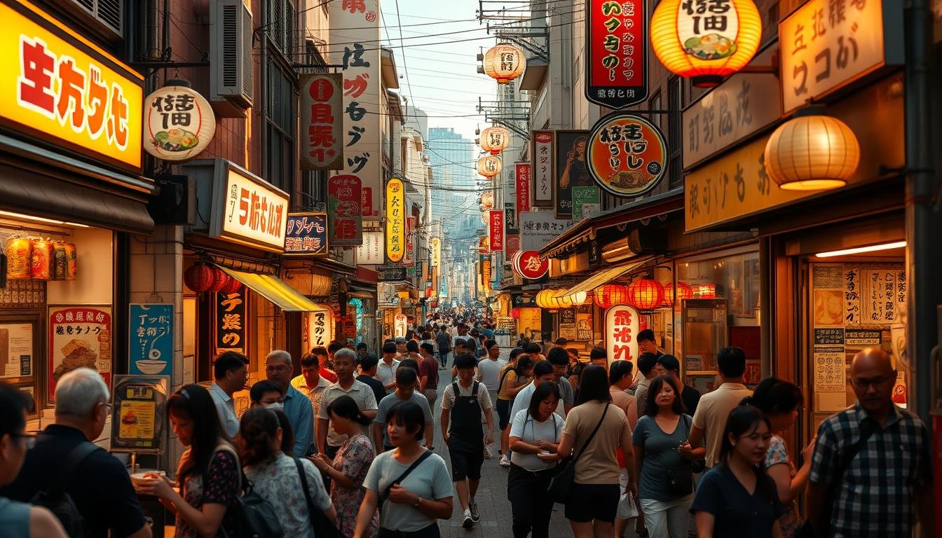 A bustling ramen street in Fukuoka, Japan, bathed in warm, golden light. Rows of quaint ramen shops line the narrow alleyways, their neon signs beckoning passersby. Patrons spill out onto the sidewalks, slurping steaming bowls of fragrant, hand-pulled noodles. The air is thick with the savory aroma of simmering broths and sizzling pork. In the background, traditional lanterns and vibrant street art add to the lively, atmospheric ambiance. A dynamic, photogenic scene capturing the essence of Fukuoka's renowned ramen culture.