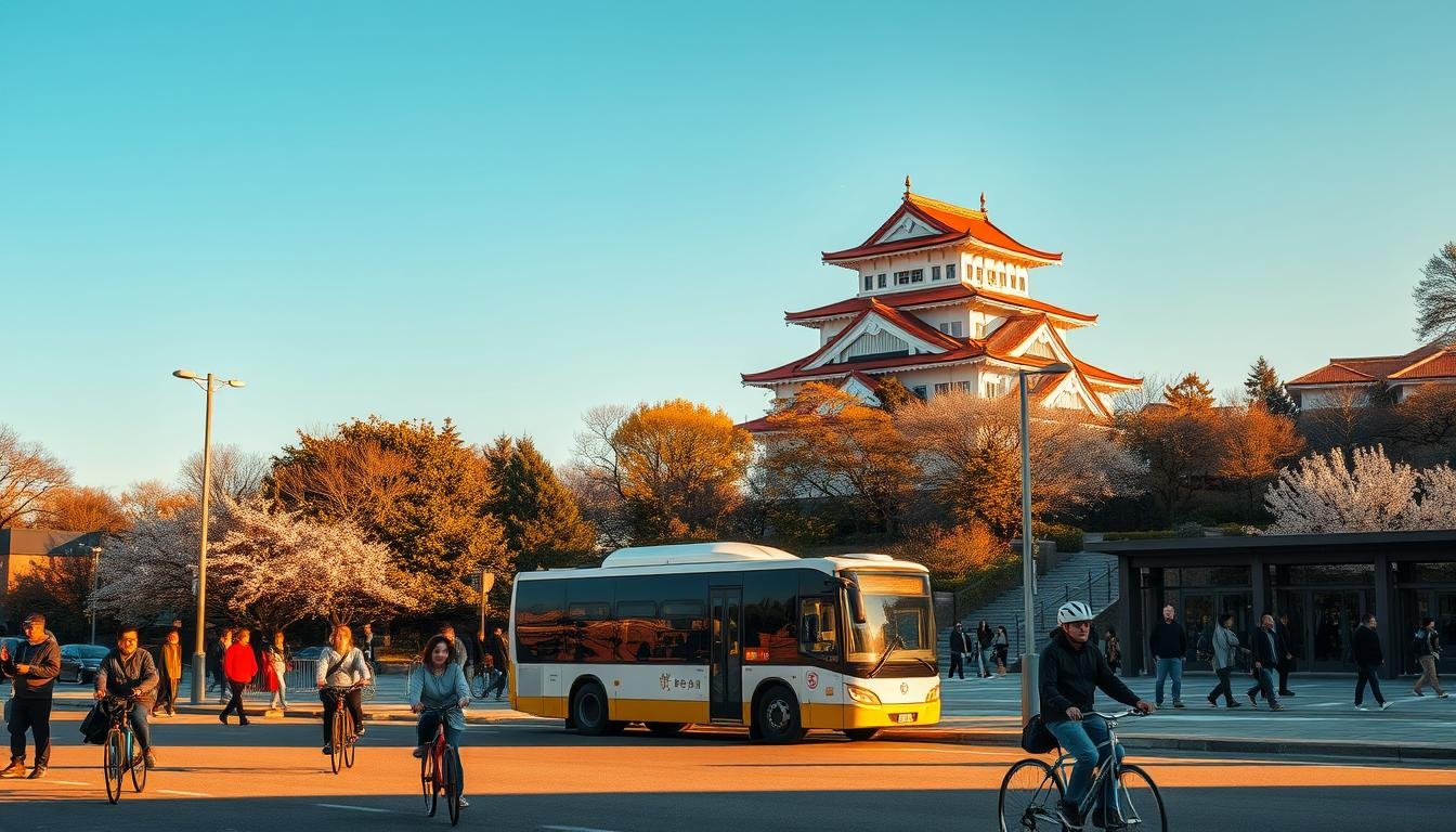 A bustling scene at Hirosaki Park's main entrance, captured in warm, golden afternoon light. In the foreground, pedestrians and cyclists navigate the well-paved paths, while in the middle ground, a compact local bus waits at the stop, ready to transport visitors deeper into the park. The background features the iconic red-roofed Hirosaki Castle, its turrets rising majestically against a clear, azure sky. The overall atmosphere is one of tranquility and accessibility, inviting travelers to easily reach this renowned cherry blossom viewing destination.