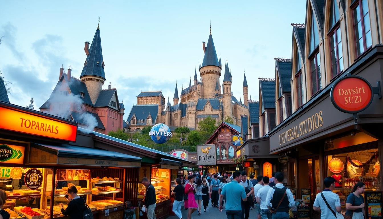A bustling scene at Universal Studios Japan's theme park, showcasing the vibrant dining and souvenir offerings. In the foreground, a variety of tantalizing Japanese street food stalls, their aromas wafting through the air, tempting visitors. In the middle ground, a mix of traditional and modern souvenir shops, their windows displaying an array of iconic Universal Studios merchandise and local delicacies. The background features the iconic landmarks of the theme park, such as the towering Hogwarts Castle, bathed in warm, golden lighting that creates a welcoming atmosphere. The overall scene captures the immersive, multi-sensory experience of dining and shopping at this renowned Japanese theme park destination.