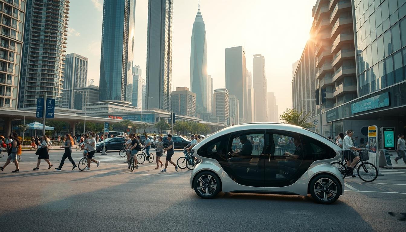A bustling scene in futuristic Hong Kong, 2025. In the foreground, a sleek autonomous electric vehicle navigates the streets, carrying passengers to their next event. In the middle ground, pedestrians and cyclists move with purpose, using smart city infrastructure to plan their journeys. In the background, towering skyscrapers and vibrant public spaces showcase the city's evolved, sustainable design. Diffused daylight casts a warm, optimistic glow, conveying the energy and dynamism of this vision for Hong Kong's transportation and activity in the years to come.