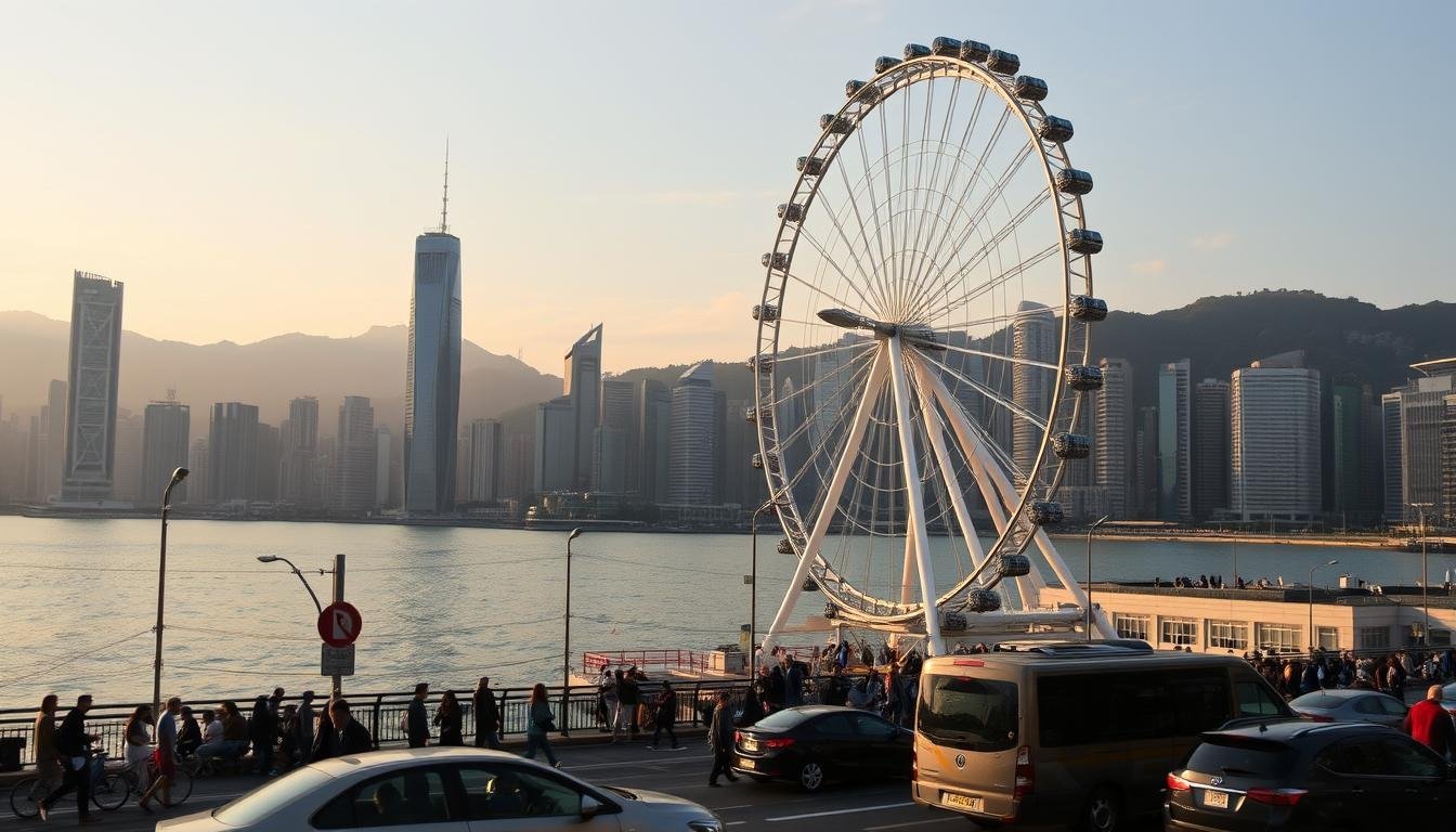 A bustling scene of Hong Kong's iconic ferris wheel, the Observation Wheel, set against the backdrop of the city's stunning skyline. The ferris wheel stands tall, its bold steel structure and gondolas reflected in the calm waters of the harbor. Pedestrians and vehicles populate the foreground, capturing the lively atmosphere around this popular tourist attraction. Warm, golden hour lighting casts a soft glow over the scene, highlighting the architectural details and creating a sense of tranquility amidst the urban chaos. The ideal vantage point for capturing this picturesque moment would be from a low angle, using a wide-angle lens to maximize the scale and grandeur of the ferris wheel and the surrounding cityscape.