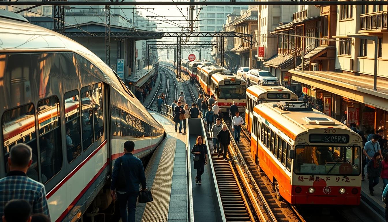 A bustling scene of Kyoto's efficient transportation network. In the foreground, commuters board a sleek shinkansen train, its powerful engine ready to whisk them to their destinations. In the middle ground, people navigate the city's comprehensive subway system, navigating the platforms with practiced ease. In the background, traditional buses weave through the narrow streets, their unique designs blending seamlessly with the historic architecture. The lighting is natural and warm, casting a golden glow over the entire scene, capturing the harmonious coexistence of Kyoto's modern transportation and timeless ambiance.