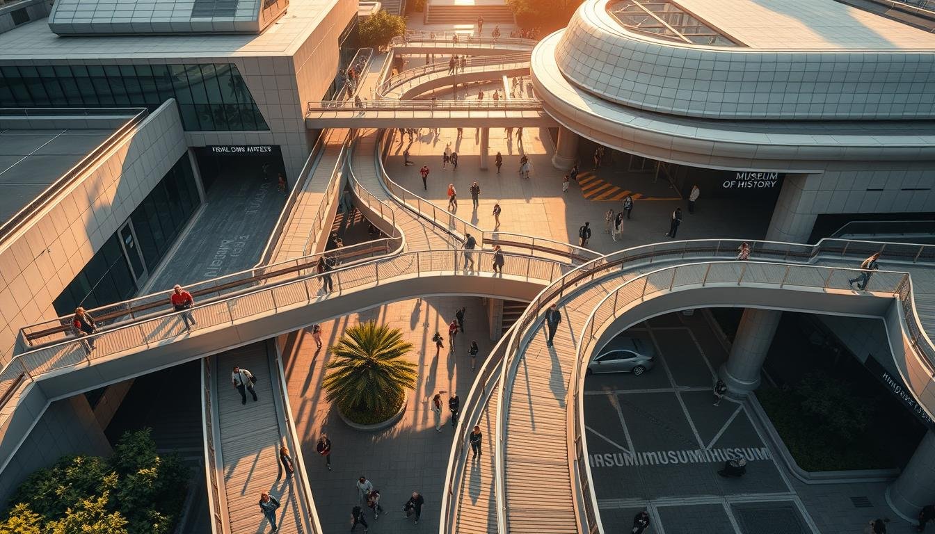 A bustling scene of the Hong Kong Museum of History's transport access and visitor flow. A wide aerial view showcases the museum's strategic location near the MTR station, with a network of footbridges and walkways leading visitors seamlessly from the station to the museum's entrance. The scene is bathed in warm natural light, casting soft shadows that accentuate the architectural details. Pedestrians navigate the interconnected pathways, capturing the convenient and accessible nature of the museum's visitor experience. The composition blends the built environment with the natural surroundings, creating a harmonious and inviting atmosphere for those embarking on their journey to explore Hong Kong's rich history and culture.