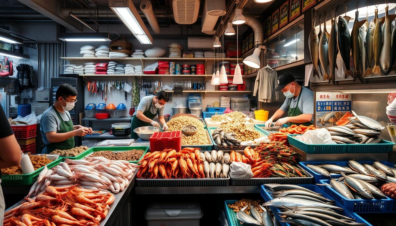 A bustling seafood market stall in the heart of Hong Kong's vibrant Lung Ching Fish Market. Displays of fresh, glistening seafood - shrimp, crab, fish, and more - fill the countertop, while skilled vendors stand ready to expertly clean, fillet, and prepare the catch-of-the-day. Behind them, a wall of shelves showcases an array of specialized tools, utensils, and supplies for seafood preparation and cooking. Soft, diffused lighting casts a warm glow over the scene, highlighting the vibrant colors and textures of the display. The atmosphere is one of efficiency and service, as customers peruse the offerings and make their selections for the perfect seafood feast.