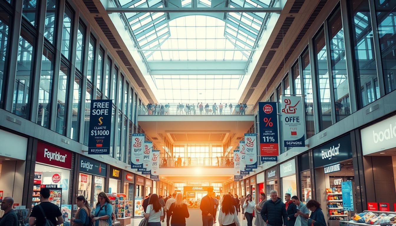A bustling shopping mall interior with large windows and bright natural lighting. In the foreground, a group of shoppers casually browsing through various retail stores, examining products and comparing prices. The middle ground features a central atrium with a towering glass ceiling, casting a warm glow across the scene. In the background, signs and advertisements showcase promotional offers, discounts, and special sales. The atmosphere is one of vibrant commercial activity, where consumers engage in the act of comparison shopping, searching for the best deals. The overall mood is one of practical, informed purchasing decisions, rather than impulse buys or high-pressure sales tactics. A bustling shopping mall interior with large windows and bright natural lighting. In the foreground, a group of shoppers casually browsing through various retail stores, examining products and comparing prices. The middle ground features a central atrium with a towering glass ceiling, casting a warm glow across the scene. In the background, signs and advertisements showcase promotional offers, discounts, and special sales. The atmosphere is one of vibrant commercial activity, where consumers engage in the act of comparison shopping, searching for the best deals. The overall mood is one of practical, informed purchasing decisions, rather than impulse buys or high-pressure sales tactics.