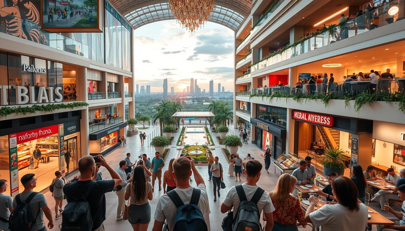 A bustling shopping mall, with a vibrant mix of shops, restaurants, and entertainment options. Travelers enter through the grand, modern atrium, capturing the moment with their cameras. Natural light filters in, creating a warm, inviting atmosphere. Shoppers stroll through the different themed floors, from high-end boutiques to local artisanal stalls. In the center, a grand, open-air courtyard with lush greenery and a stunning water feature. Diners enjoy panoramic views from the rooftop restaurants, sipping refreshing beverages as the sun sets over the city skyline. An immersive, dynamic scene that captures the essence of a Thai shopping experience.