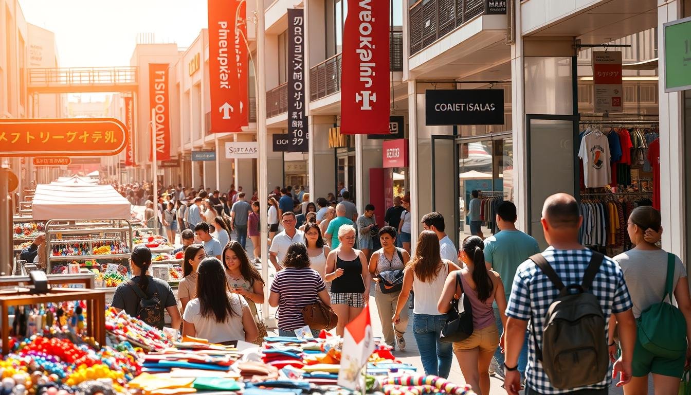 A bustling shopping plaza on a sunny day, with groups of tourists eagerly browsing the vibrant storefronts and stalls. In the foreground, an array of colorful, eye-catching merchandise invites closer inspection. The middle ground features a lively scene of shoppers carefully selecting their purchases, while the background showcases the modern architecture and signage of the shopping district. Warm, natural lighting bathes the entire scene, creating a welcoming and energetic atmosphere. The composition emphasizes the dynamic nature of the shopping experience, capturing the essence of an immersive and engaging retail destination.
