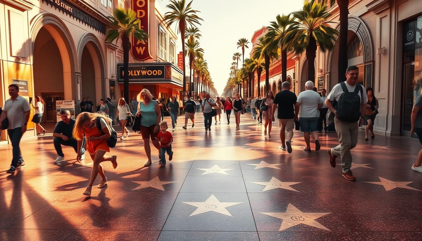 A bustling sidewalk on the iconic Hollywood Walk of Fame, with dozens of iconic handprints and footprints of beloved celebrities embedded in the ground. The scene is bathed in warm, golden sunlight, creating an inviting and nostalgic atmosphere. In the foreground, a group of tourists excitedly search for and discover the handprints of their favorite stars, tracing the indentations with their fingers and marveling at the connection to these famous individuals. The middle ground features the grand, ornate facades of classic Hollywood theaters and landmarks, while the background is filled with palm trees swaying gently in the breeze. The overall composition captures the fun, interactive nature of this beloved cultural tradition, inviting the viewer to imagine themselves as part of the quest to uncover the hidden handprints of the stars.