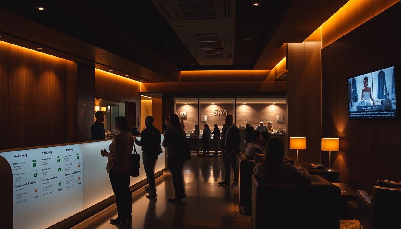 A bustling spa reception area, dimly lit with warm, ambient lighting. The foreground features a sleek, modern reception desk with a digital display showcasing various pricing and schedule options. Shadowy figures of patrons peruse the options, pondering their choices. The middle ground showcases a luxurious seating area, plush with leather and wood accents, inviting guests to relax and plan their visit. In the background, a wall-mounted monitor displays a soothing montage of the spa's facilities, including the renowned sweat room, highlighting the range of wellness experiences available. The overall atmosphere conveys a sense of tranquility, indulgence, and a thoughtful approach to delivering the optimal spa experience.