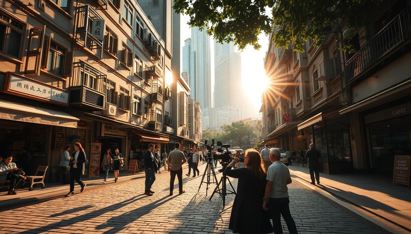 A bustling stone-paved street in Hong Kong's Central district, bathed in warm afternoon sunlight. Quaint historic buildings line the sidewalks, their colonial-era facades casting long shadows. Pedestrians stroll past traditional shops and eateries, conveying a sense of timeless charm. In the middle-ground, a group of filmmakers set up cameras, capturing the unique atmosphere for a cinematic scene. The background is punctuated by towering skyscrapers, a juxtaposition of old and new that encapsulates the city's dynamic heritage. Soft, diffused lighting creates a nostalgic, cinematic ambiance, inviting the viewer to immerse themselves in this historic Hong Kong setting. A bustling stone-paved street in Hong Kong's Central district, bathed in warm afternoon sunlight. Quaint historic buildings line the sidewalks, their colonial-era facades casting long shadows. Pedestrians stroll past traditional shops and eateries, conveying a sense of timeless charm. In the middle-ground, a group of filmmakers set up cameras, capturing the unique atmosphere for a cinematic scene. The background is punctuated by towering skyscrapers, a juxtaposition of old and new that encapsulates the city's dynamic heritage. Soft, diffused lighting creates a nostalgic, cinematic ambiance, inviting the viewer to immerse themselves in this historic Hong Kong setting.