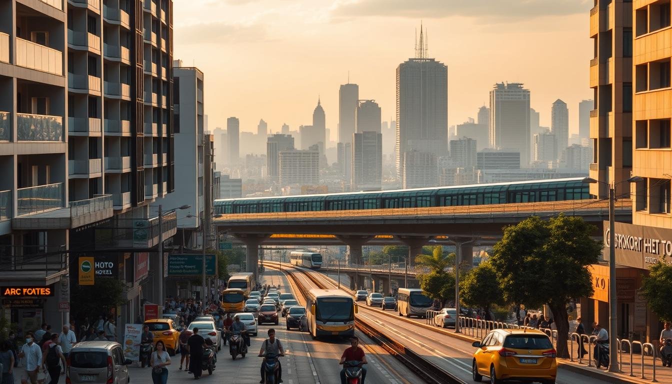 A bustling street in Bangkok, Thailand, lined with modern high-rise hotels and hostels along the BTS Skytrain tracks. The scene is bathed in a warm, golden hour glow, casting long shadows across the sidewalks. In the foreground, pedestrians and commuters navigate the lively street, with tuk-tuks and buses weaving through the traffic. The middle ground features the iconic BTS stations, their sleek, elevated platforms and glass-enclosed waiting areas. In the background, the city skyline rises, a tapestry of skyscrapers and spires against a vibrant, hazy sky. The overall atmosphere is one of bustling urban energy and convenience, reflecting the ideal location for travelers seeking accommodation along the BTS network.