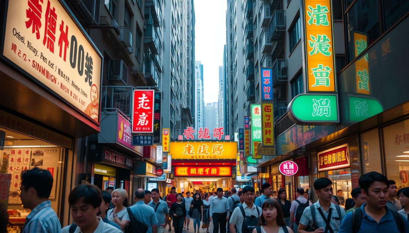 A bustling street in Causeway Bay, Hong Kong, bathed in warm evening light. The storefront windows display menus and operating hours, guiding patrons to their evening meal. In the foreground, pedestrians navigate the lively foot traffic, considering their dining options. The middle ground features a busy restaurant, its entrance marked by a prominent number sign. The background showcases the iconic architecture and neon-lit signs that define the neighborhood's vibrant character. The scene conveys the organized chaos and mouthwatering anticipation of finding the perfect affordable dinner in this renowned dining district.