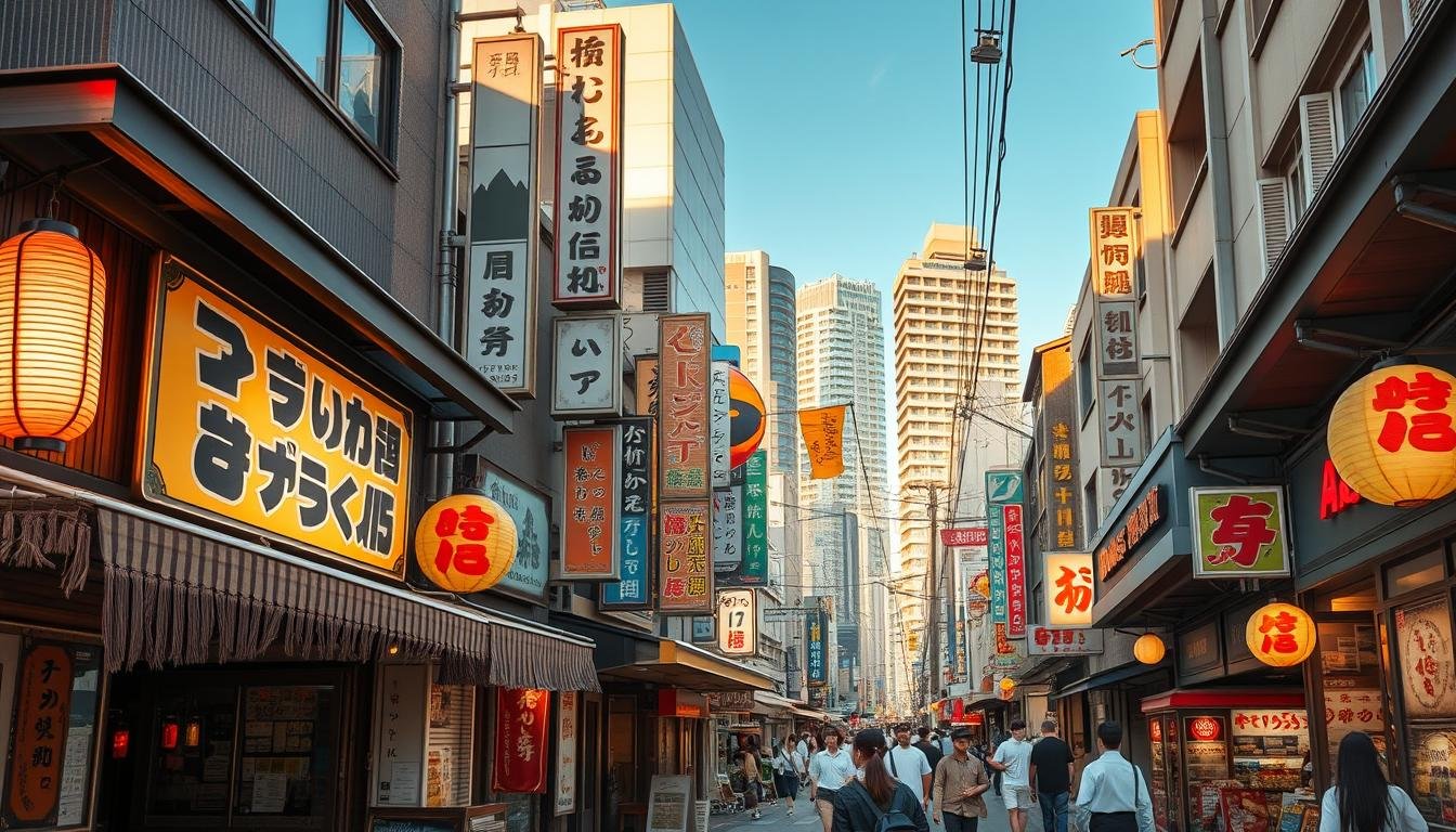 A bustling street in Fukuoka, Japan, lined with a diverse array of renowned local eateries. The foreground features a vibrant ramen shop, its entrance adorned with traditional Japanese lanterns and noren curtains. The middle ground showcases a variety of other establishments, each with its own distinct architectural style and signage, hinting at the culinary delights within. In the background, the cityscape is alive with the energy of pedestrians, blending traditional and modern elements. The scene is bathed in a warm, golden light, creating a welcoming and authentic atmosphere. An artistic, wide-angle shot that captures the essence of Fukuoka's renowned dining culture.