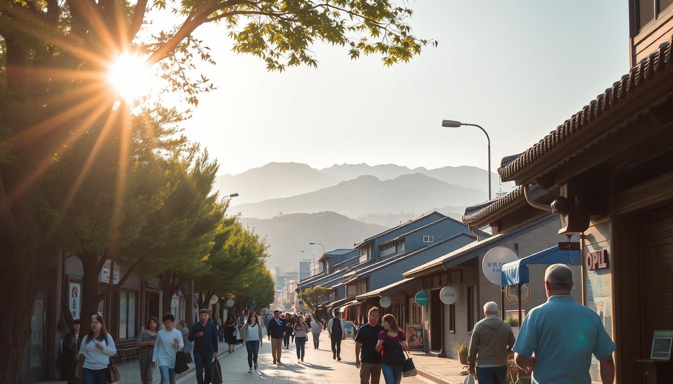A bustling street in Gangneung city, South Korea, with traditional Korean architecture lining the sidewalks. The sun casts a warm glow, illuminating the scene. In the foreground, people stroll along the tree-lined street, their movements captured in a soft, photographic style. The middle ground features quaint shops and cafes, their vibrant facades and signage adding to the lively atmosphere. In the background, the majestic mountains of the Taebaek range provide a stunning natural backdrop, suggesting the proximity to the city's natural landscapes. The overall composition conveys a sense of urban exploration, cultural immersion, and the quintessential charm of Gangneung.