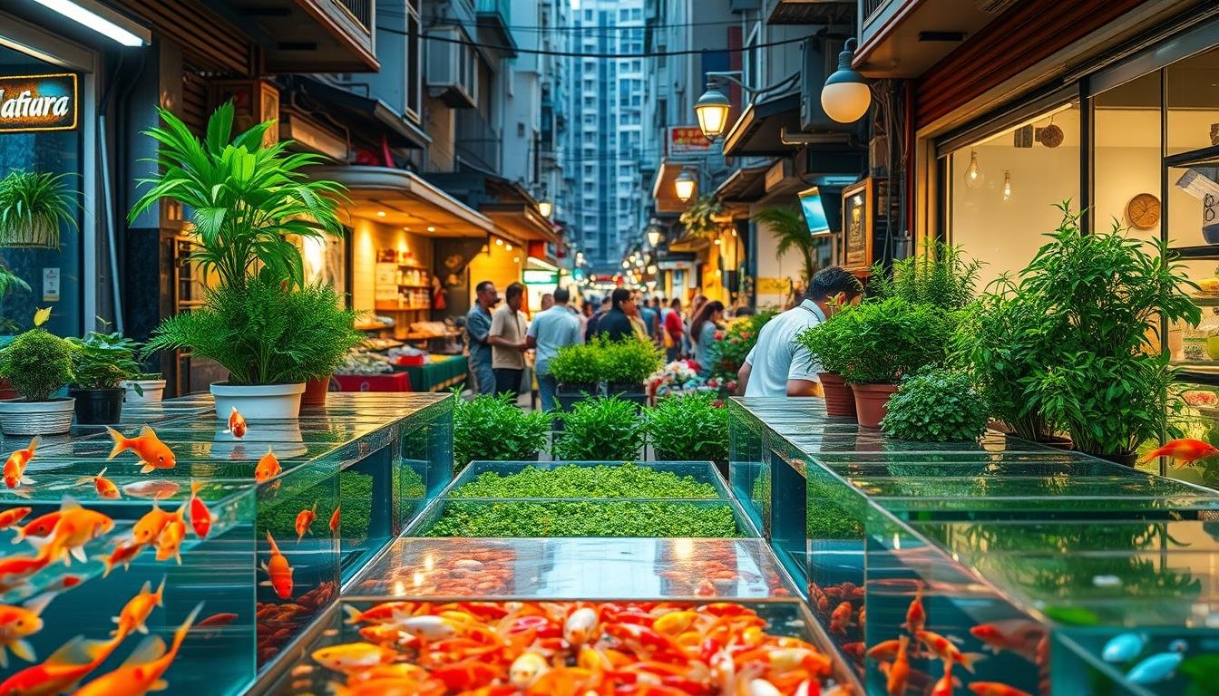 A bustling street in Hong Kong's Goldfish Market, showcasing a vibrant array of aquatic life and lush greenery. In the foreground, rows of colorful goldfish and koi swim gracefully in glass tanks, while the middle ground features a variety of potted plants and herbs. The background is alive with the energy of the neighborhood, with vendors and shoppers milling about under the warm, soft lighting of the street lamps. The scene captures the essence of this unique local experience, where the sights, sounds, and aromas of the market come together to create a captivating and immersive atmosphere.