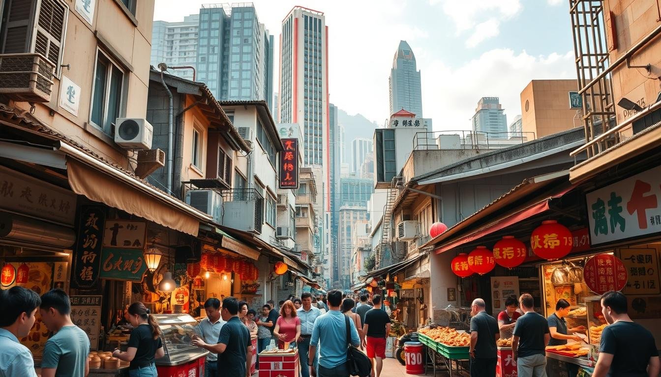A bustling street in Hong Kong's Sai Ying Pun district, "Ching Lung Street" is a hub of authentic local cuisine. The foreground features a vibrant array of traditional snacks and delicacies, from steaming dim sum to sizzling street food. Vendors and locals mingle amidst the lively atmosphere, creating a sense of energetic community. In the middle ground, a mix of old and new architecture frames the scene, showcasing the district's cultural heritage. The background is filled with towering skyscrapers, hinting at the modern urban landscape that surrounds this pocket of timeless culinary delights. Warm, golden lighting casts a inviting glow over the entire composition, capturing the enticing essence of this beloved Hong Kong food street.