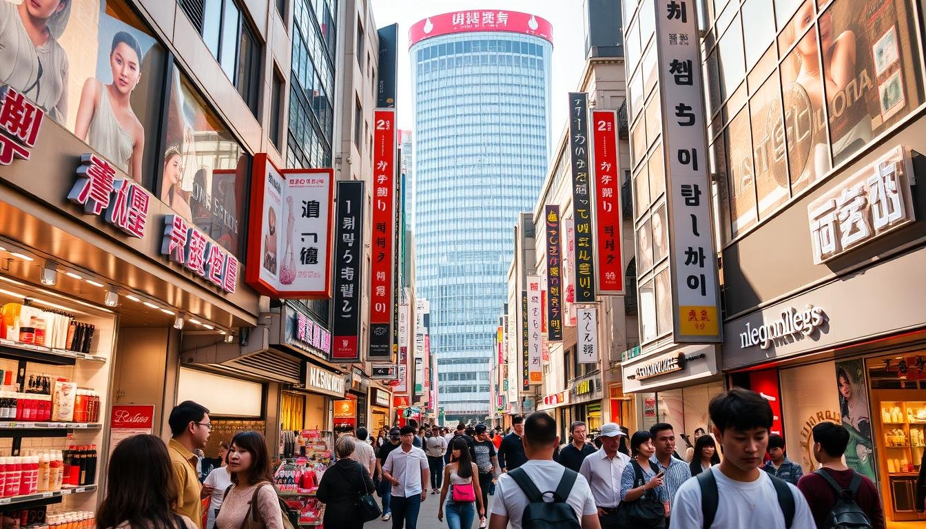 A bustling street in Seoul's Myeongdong district, filled with a vibrant mix of shopping experiences. In the foreground, a dynamic display of cosmetics and beauty products entices passersby. The middle ground features an array of trendy fashion boutiques, their window displays showcasing the latest styles. In the background, a towering department store stands as a beacon, drawing in shoppers seeking a one-stop destination for all their needs. Warm, natural lighting bathes the scene, creating a welcoming and energetic atmosphere. The overall composition captures the essence of Myeongdong's diverse shopping landscape, from high-end cosmetics to trendy streetwear and everyday essentials.