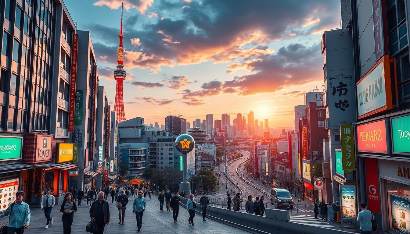 A bustling street in central Tokyo, captured in a vibrant, cinematic composition. In the foreground, pedestrians stroll along the sidewalk, surrounded by a mix of modern high-rises and traditional Japanese architecture. Midground features a winding road lined with iconic landmarks, such as the Tokyo Tower and the Imperial Palace. The background is framed by a dramatic skyline, bathed in the warm glow of a setting sun. The scene exudes a sense of energy and exploration, inviting the viewer to immerse themselves in the heart of the city. Rendered with a crisp, detailed style and a slightly elevated camera angle to convey a panoramic perspective.