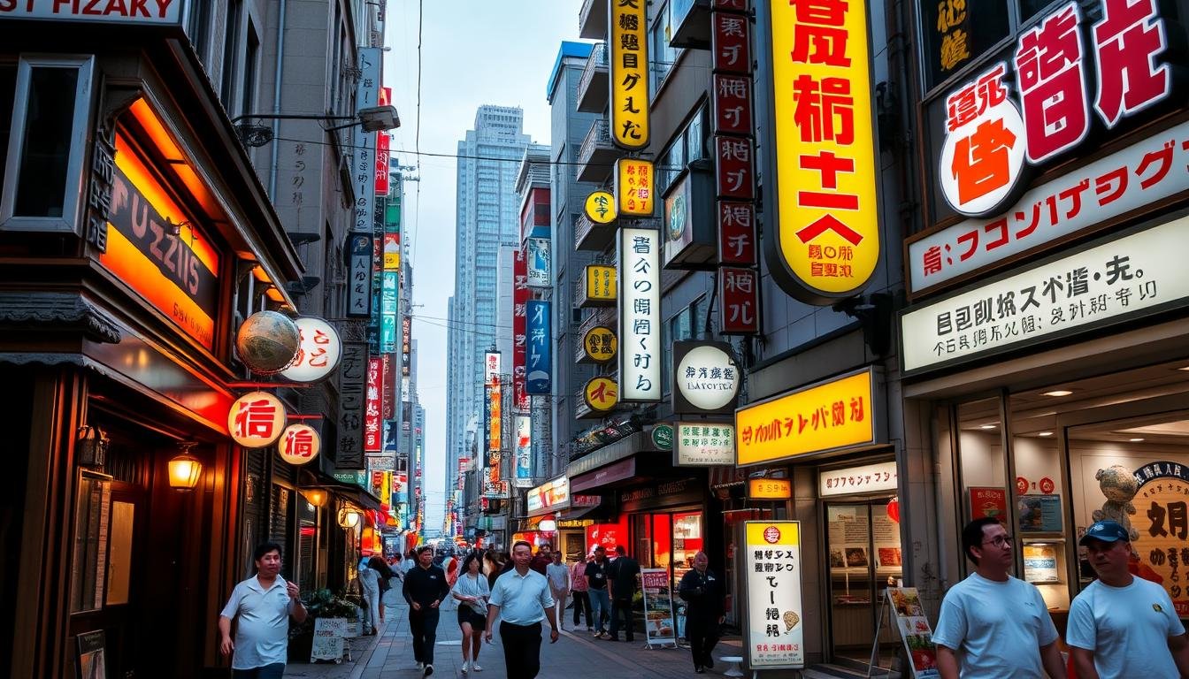 A bustling street in the heart of Kobe, Japan, showcasing a diverse array of popular local restaurants. The foreground features a cozy izakaya with warm lighting and a traditional Japanese facade, inviting passersby to step inside and savor authentic Kobe beef dishes. In the middle ground, a high-end sushi restaurant with sleek, minimalist decor stands out, its Michelin-starred reputation drawing in a discerning crowd. Further down the street, a casual family-owned ramen shop emits the tantalizing aroma of homemade broth, its modest exterior belying the culinary delights within. The background is a vibrant tapestry of neon signs, bustling pedestrians, and the iconic Kobe skyline, creating an atmosphere of energy and culinary exploration.