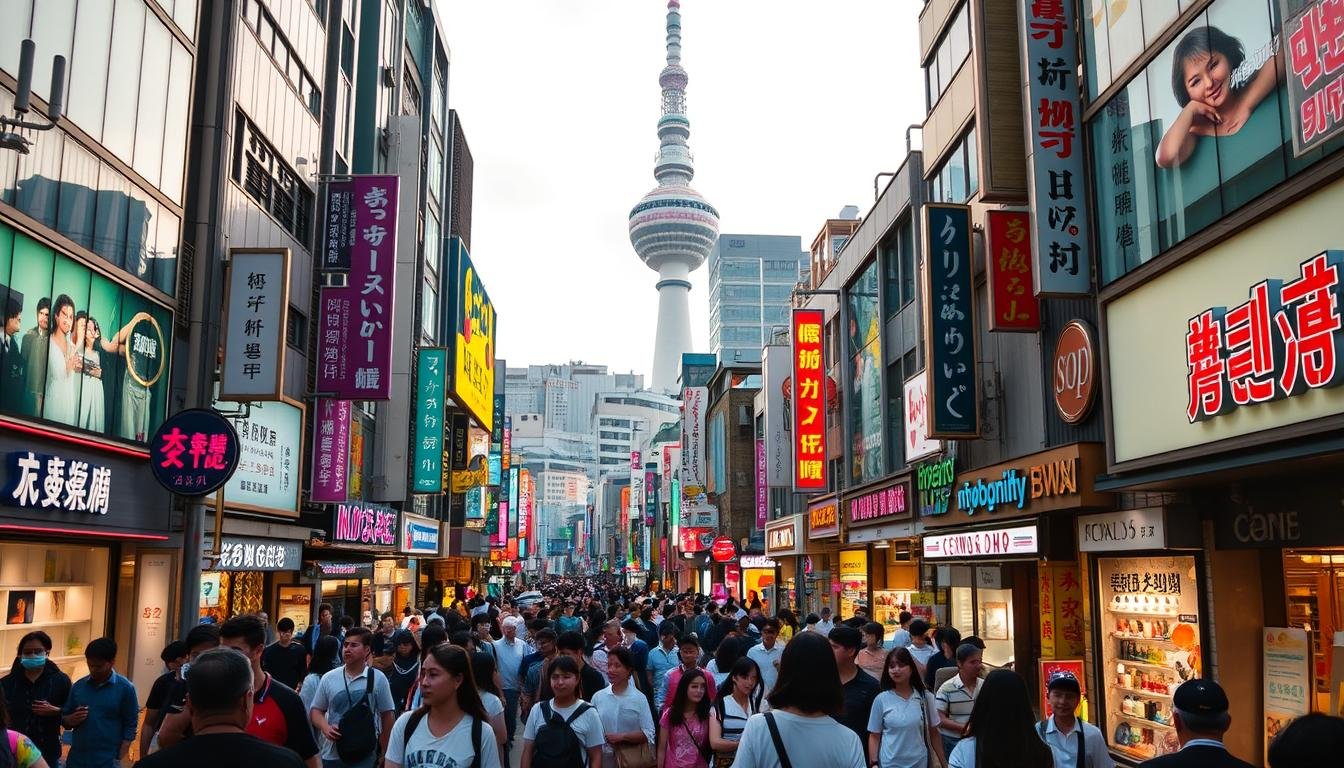 A bustling street in the heart of Seoul's Myeong-dong shopping district, lined with towering modern buildings and vibrant neon signs. In the foreground, pedestrians weave through the lively crowds, drawn to the diverse array of beauty stores, cosmetic shops, and luxury boutiques. The middle ground features a mix of traditional and contemporary architecture, creating a dynamic urban landscape. In the background, the towering Seoul Tower stands tall, overlooking the energetic scene below. The lighting is a balance of warm, inviting tones and cool, vibrant hues, capturing the lively and diverse atmosphere of this premier Korean shopping destination.