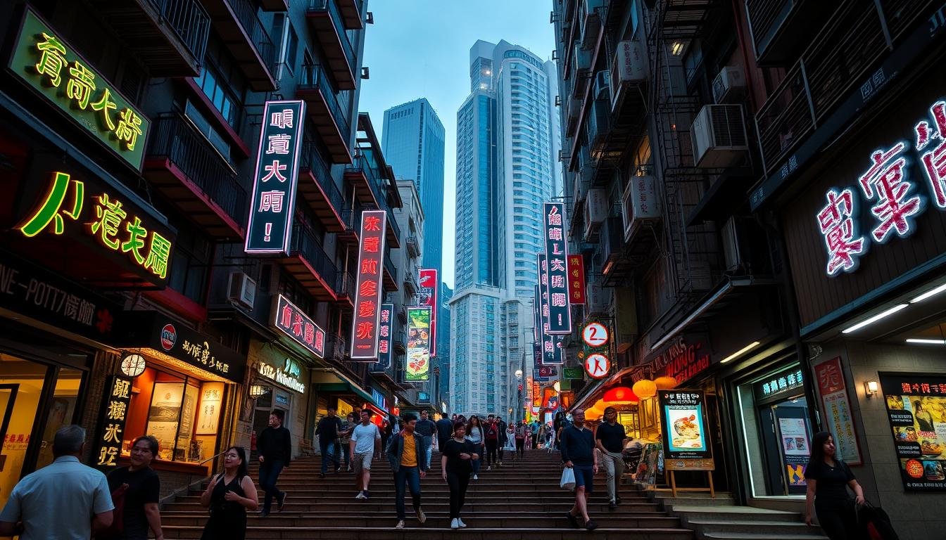 A bustling street scene in Hong Kong's Central District, showcasing the historic Pottinger Street. In the foreground, pedestrians navigate the stepped, stone-paved walkway, surrounded by a mix of traditional and modern architecture. Overhead, neon signs and awnings cast a warm, vibrant glow, creating an atmospheric, almost cinematic lighting. In the middle ground, quaint shops and eateries line the street, their colorful facades and window displays beckoning passersby. The background is dominated by towering skyscrapers, a testament to the city's juxtaposition of old and new. The overall mood is one of lively energy, inviting the viewer to immerse themselves in the unique character and cultural heritage of this iconic Hong Kong landmark. A bustling street scene in Hong Kong's Central District, showcasing the historic Pottinger Street. In the foreground, pedestrians navigate the stepped, stone-paved walkway, surrounded by a mix of traditional and modern architecture. Overhead, neon signs and awnings cast a warm, vibrant glow, creating an atmospheric, almost cinematic lighting. In the middle ground, quaint shops and eateries line the street, their colorful facades and window displays beckoning passersby. The background is dominated by towering skyscrapers, a testament to the city's juxtaposition of old and new. The overall mood is one of lively energy, inviting the viewer to immerse themselves in the unique character and cultural heritage of this iconic Hong Kong landmark.
