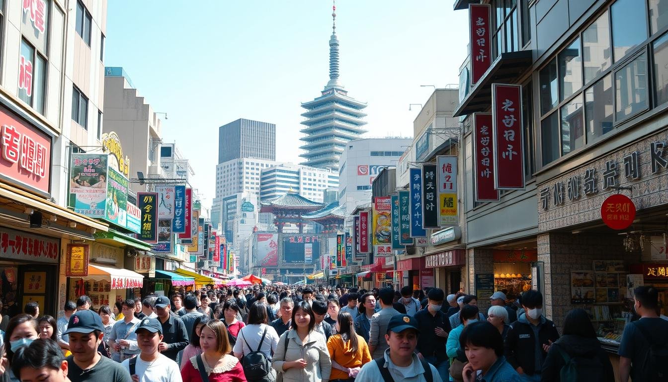 A bustling street scene in Seoul's Myeongdong shopping district, captured on a sunny day. Crowds of people stroll past colorful storefronts and street vendors, immersed in the vibrant energy of this popular shopping destination. In the foreground, pedestrians weave through the throngs, admiring the array of beauty products, fashion, and local delicacies on display. The middle ground features a mix of modern high-rise buildings and traditional architectural elements, creating a visually striking contrast. In the background, the towering Seoul City Hall and other iconic landmarks stand tall, framing the lively street scene. The lighting is soft and diffused, highlighting the warm, inviting atmosphere of this quintessential Korean shopping experience.