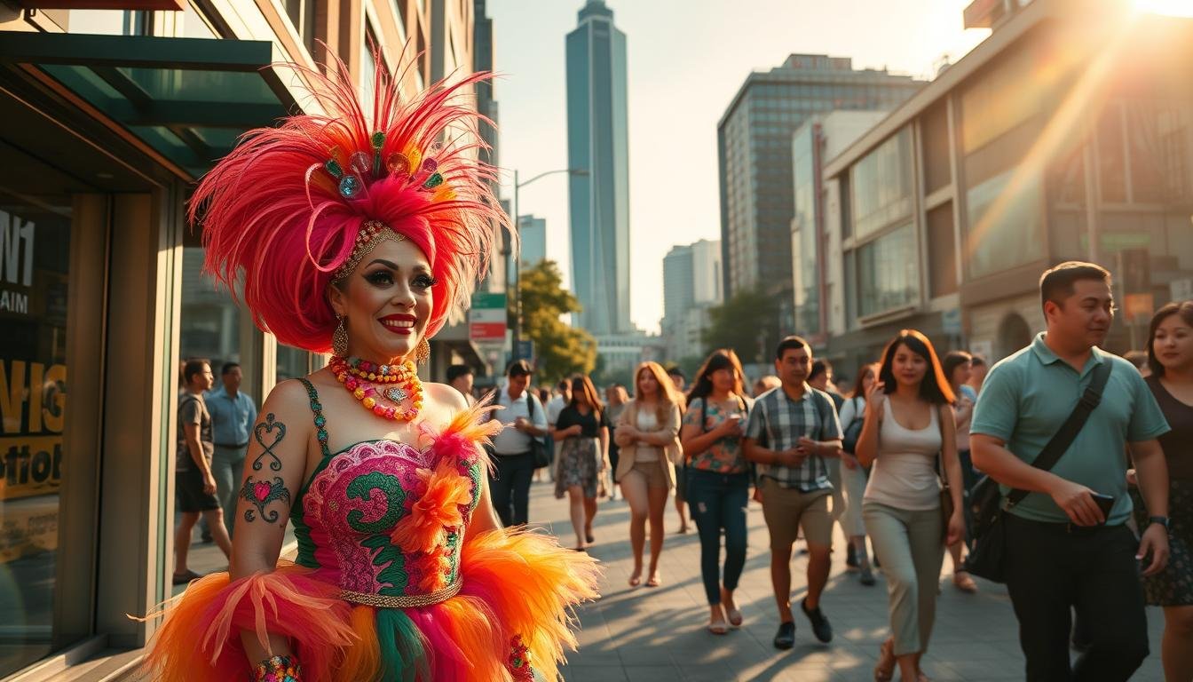 A bustling street scene in Taipei, Taiwan. In the foreground, a vibrant drag queen named PanPan struts down the sidewalk, her colorful costume and makeup commanding attention. In the middle ground, locals and tourists mingle, drawn to the energy and creativity of the city's LGBTQ+ community. In the background, the iconic Taipei 101 skyscraper stands tall, a symbol of the city's modernity and progress. The lighting is warm and golden, casting a glow over the scene and evoking a sense of celebration and inspiration. The composition is dynamic, with a variety of textures, patterns, and angles creating a visually striking image that captures the essence of Taipei's thriving LGBTQ+ culture and its influence on the global travel landscape.