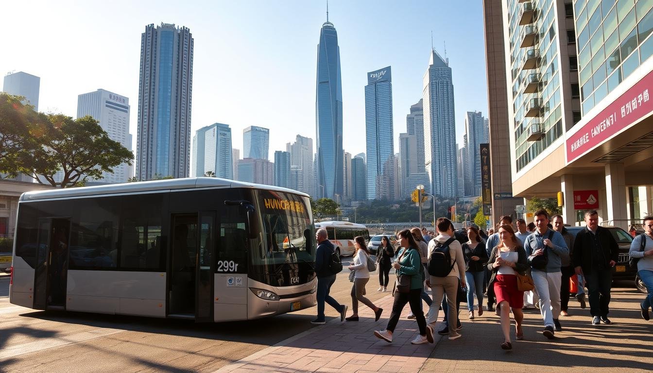 A bustling street scene in the heart of Sha Tin, with passengers boarding a 289r bus bound for Pak Tam Chung. The scene is bathed in warm sunlight, casting long shadows across the pavement. In the foreground, the sleek, modern bus waits patiently, its doors open to welcome commuters. The middle ground is filled with pedestrians hurrying along the sidewalk, their faces reflecting the vibrant energy of the urban landscape. In the distance, the towering skyscrapers of the city skyline rise up, creating a sense of scale and grandeur. The overall mood is one of efficient urban mobility, with a touch of anticipation as the travelers embark on their journey to the natural wonder of Pak Tam Chung.