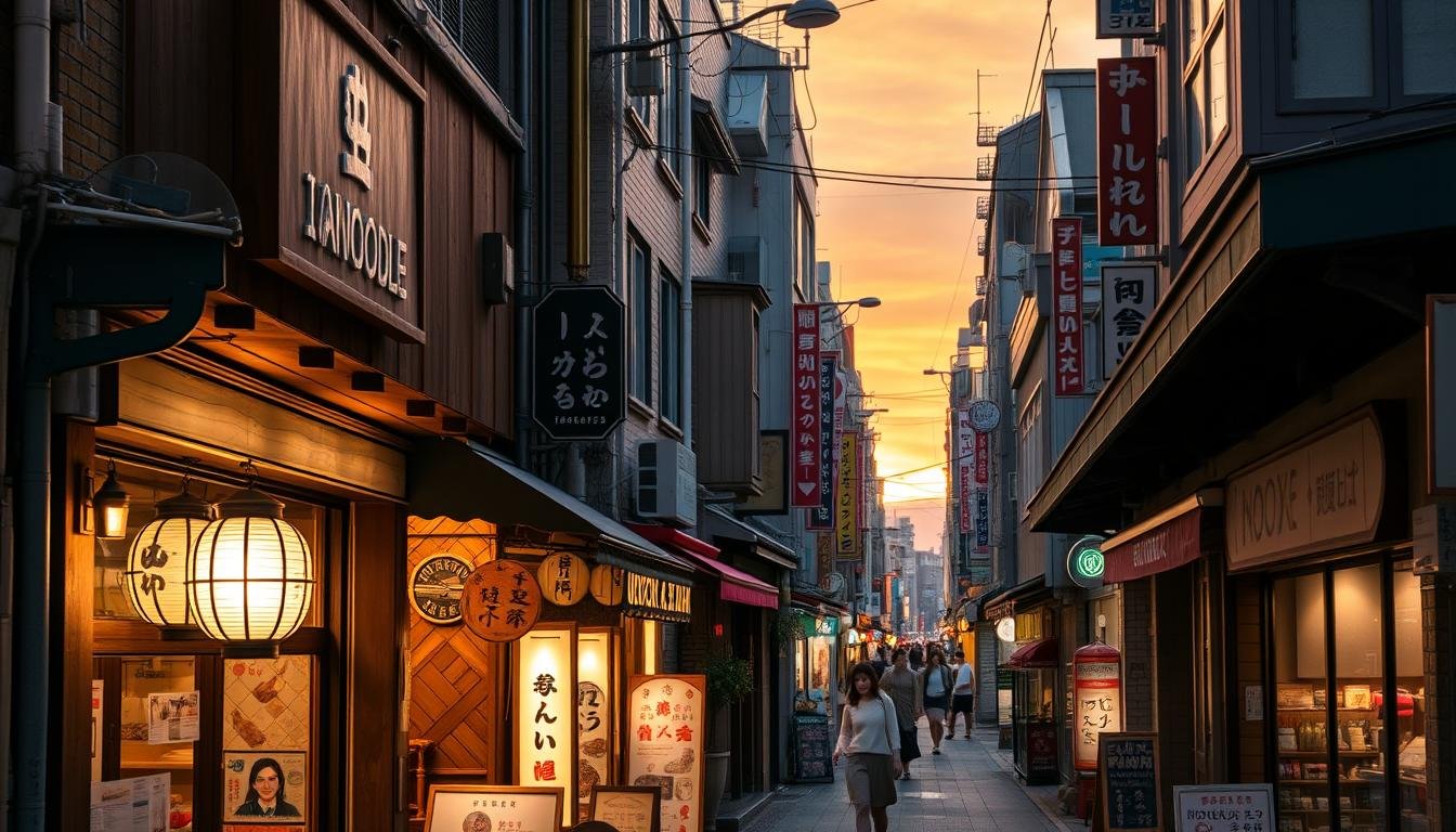 A bustling street scene in the heart of Takamatsu, showcasing the city's renowned local specialty shops. In the foreground, a charming facade of a traditional udon noodle restaurant, its wooden signage and lanterns illuminating the narrow alleyway. Nearby, a cozy izakaya pub invites passersby with the aroma of sizzling yakitori and the chatter of satisfied patrons. In the middle ground, a vibrant mix of independent boutiques, artisanal bakeries, and family-owned eateries line the street, their distinctive storefront designs reflecting the unique character of this historic neighborhood. The background is framed by the warm glow of sunset, casting a soft, inviting ambiance over the entire scene.