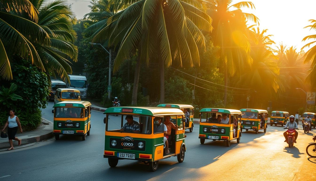 A bustling street scene on the island of Phuket, Thailand. Vibrant songthaews (local shared taxis) navigate the winding roads, their bright colors standing out against the lush tropical foliage in the background. Pedestrians and motorcycles weave through the traffic, creating a dynamic, energetic atmosphere. Warm, golden sunlight filters through the palm trees, casting a soft glow over the scene. The composition captures the essence of island transportation, showcasing the unique modes of transit that are integral to the Phuket experience. A bustling street scene on the island of Phuket, Thailand. Vibrant songthaews (local shared taxis) navigate the winding roads, their bright colors standing out against the lush tropical foliage in the background. Pedestrians and motorcycles weave through the traffic, creating a dynamic, energetic atmosphere. Warm, golden sunlight filters through the palm trees, casting a soft glow over the scene. The composition captures the essence of island transportation, showcasing the unique modes of transit that are integral to the Phuket experience.