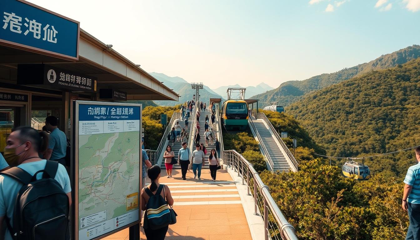 A bustling transportation guide for Ngong Ping, Hong Kong. A detailed map in the foreground displays the cable car station, hiking trails, and nearby landmarks. In the middle ground, commuters navigate the walkways and stairs leading to the cable car, with a mix of locals and tourists. The background features the lush, mountainous terrain of Lantau Island, bathed in warm, golden light, conveying a sense of serene, natural beauty contrasting with the efficient transportation hub. The scene is captured with a wide-angle lens, emphasizing the scale and scope of the location, inviting the viewer to envision themselves embarking on this scenic journey.