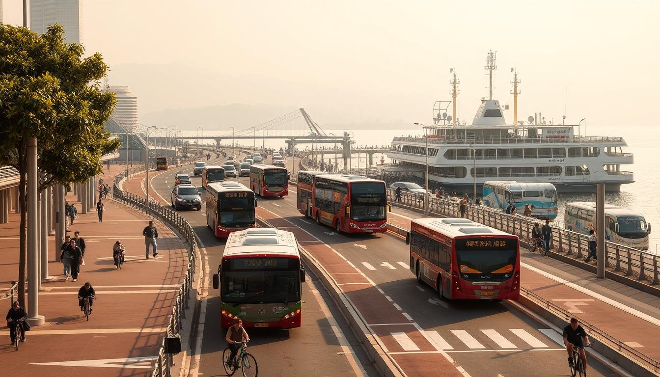 A bustling transportation hub at the Kwun Tong Promenade, showcasing a harmonious blend of public transit options. In the foreground, a well-designed network of pedestrian walkways and bicycle lanes, inviting visitors to explore the waterfront on foot or by bike. In the middle ground, a mix of modern double-decker buses and nimble minibuses navigating the scenic route, while in the background, the iconic Kwun Tong Ferry Pier stands tall, offering a convenient water transport option. The scene is bathed in warm, golden hues, creating a welcoming and vibrant atmosphere, encouraging visitors to discover the delights of the Kwun Tong Promenade.
