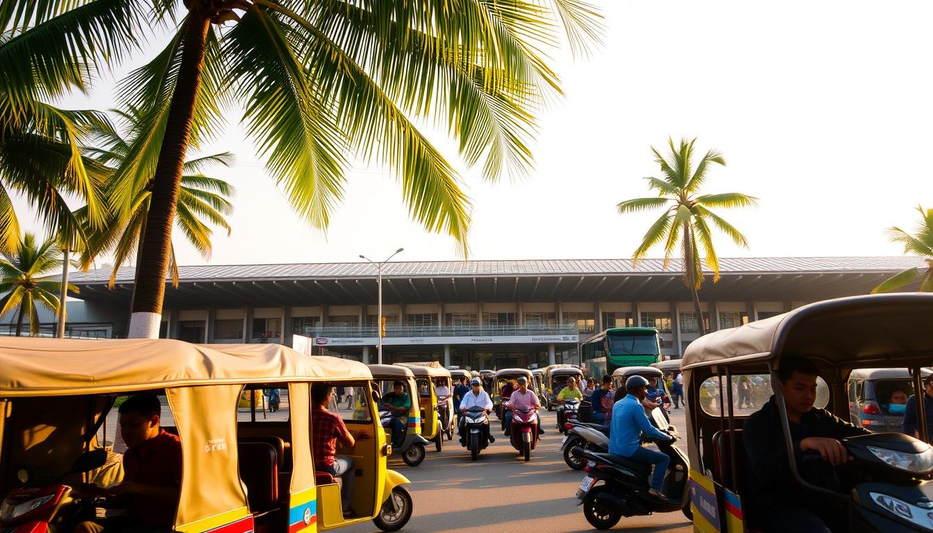 A bustling transportation hub in Hua Hin, Thailand, showcasing a variety of vehicles and modes of transit. In the foreground, a fleet of vibrant tuk-tuks and motorbikes await passengers, their drivers ready to whisk travelers to their destinations. In the middle ground, a modern bus terminal stands, its sleek architecture and well-organized lanes reflecting the efficient public transportation system. In the background, lush palm trees sway gently, framing the scene and creating a tropical ambiance. The lighting is warm and golden, casting a soft glow over the entire composition. The overall scene conveys the convenience and ease of navigating Hua Hin's transportation network, a key aspect of the city's charm and appeal.