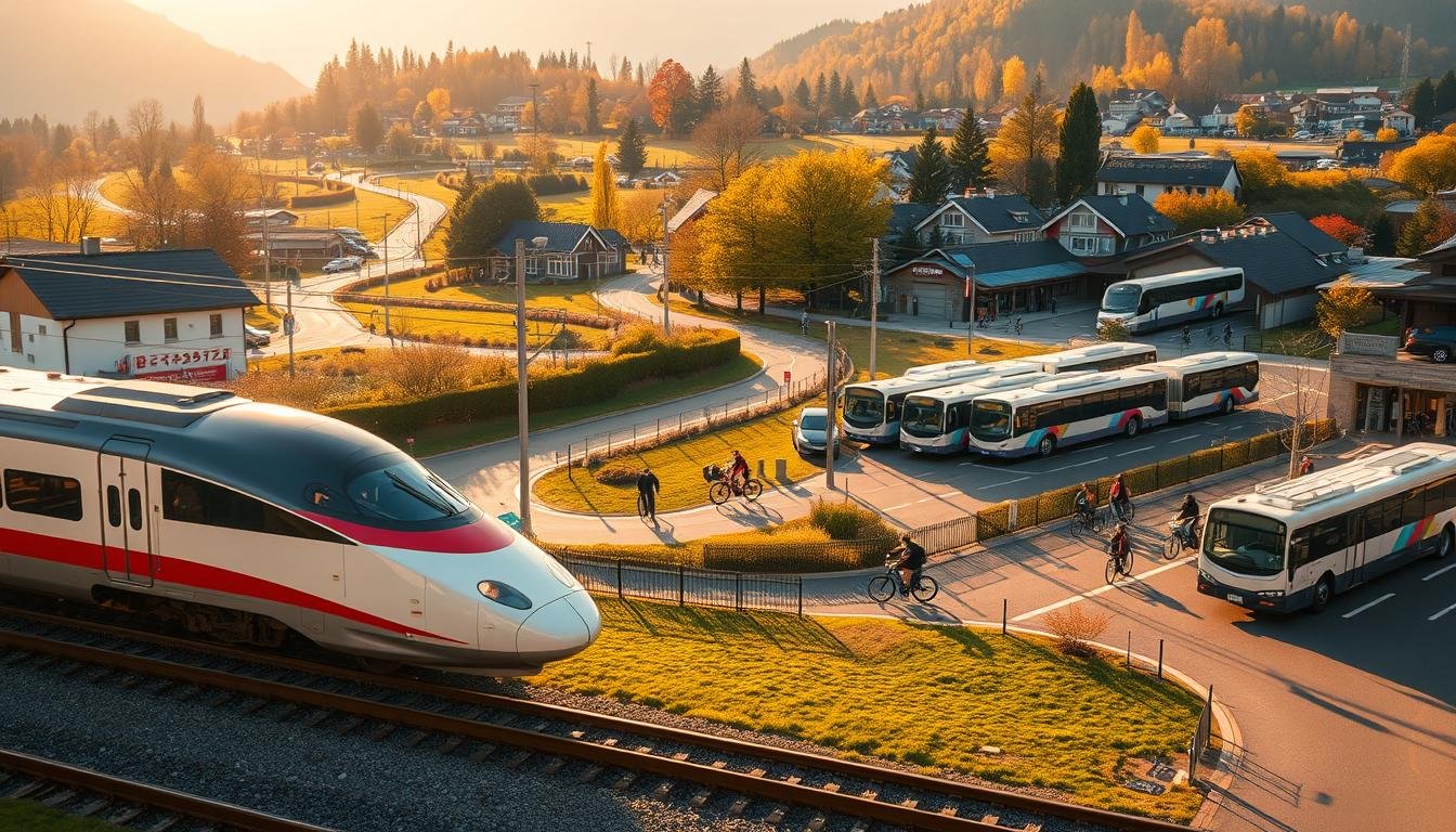 A bustling transportation hub in Karuizawa, Japan. In the foreground, a bullet train glides effortlessly along the tracks, its sleek design and vibrant color palette capturing the essence of modern high-speed rail. In the middle ground, a network of well-maintained cycling paths winds through the serene countryside, with riders enjoying the picturesque scenery. In the background, a fleet of buses and taxis stand ready to ferry visitors to nearby attractions, their distinctive designs blending seamlessly with the quaint, traditional architecture of the town. The scene is bathed in warm, golden sunlight, creating a sense of tranquility and effortless connectivity, perfectly capturing the transportation and mobility experience of Karuizawa.