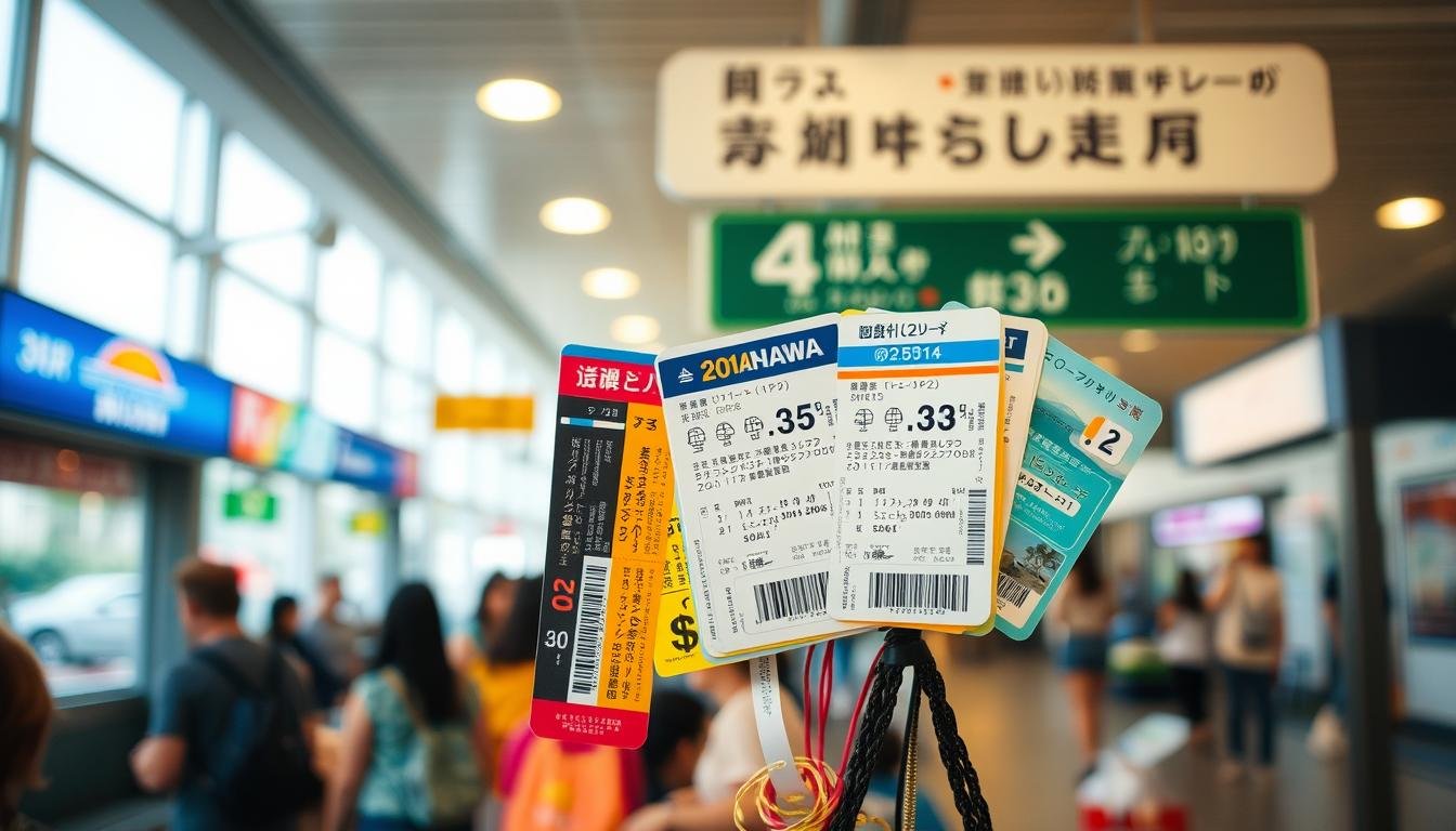 A bustling transportation hub in Okinawa, with a vibrant display of various ticket options and fare information. In the foreground, a collection of bus, monorail, and ferry passes stands out against a softly blurred background. The lighting is warm and inviting, creating a sense of ease and exploration. The composition is balanced, with the tickets taking center stage, surrounded by subtle details that suggest the local culture and scenery. The overall atmosphere conveys a welcoming and efficient transportation experience, reflecting the section's focus on navigating Okinawa's diverse transit options. A bustling transportation hub in Okinawa, with a vibrant display of various ticket options and fare information. In the foreground, a collection of bus, monorail, and ferry passes stands out against a softly blurred background. The lighting is warm and inviting, creating a sense of ease and exploration. The composition is balanced, with the tickets taking center stage, surrounded by subtle details that suggest the local culture and scenery. The overall atmosphere conveys a welcoming and efficient transportation experience, reflecting the section's focus on navigating Okinawa's diverse transit options.