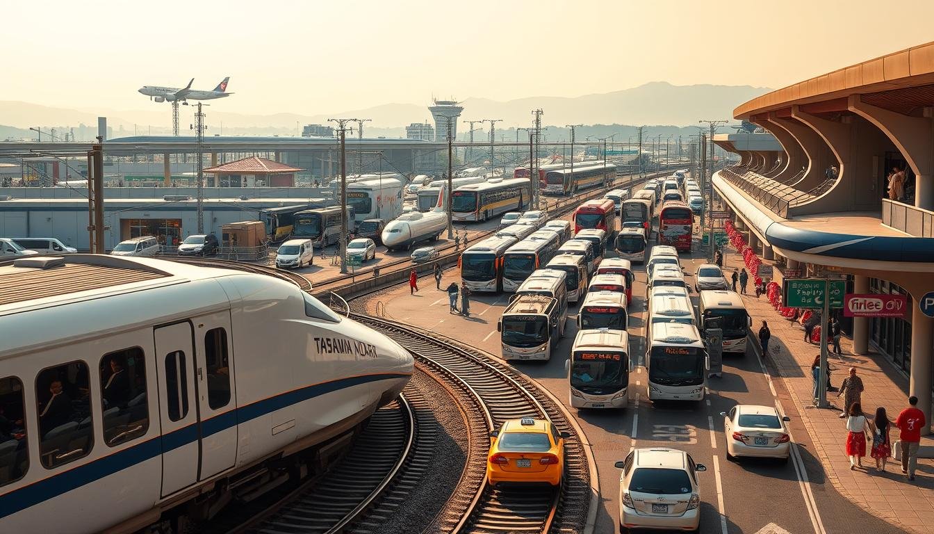 A bustling transportation hub in Tokushima, Japan, featuring an array of interconnected transit options. In the foreground, a sleek bullet train glides along the tracks, passengers peering out at the vibrant cityscape. In the middle ground, a fleet of public buses and taxis navigate the well-marked streets, conveying visitors to the renowned Awa Odori Festival venue. In the background, the silhouettes of commercial airliners soar overhead, connecting this cultural hub to the wider world. The scene is illuminated by warm, diffused natural light, creating a sense of energy and anticipation. Crisp architectural details and dynamic movement convey the efficiency and accessibility of this multimodal transportation network, primed to whisk visitors to the heart of the Awa Odori celebrations.