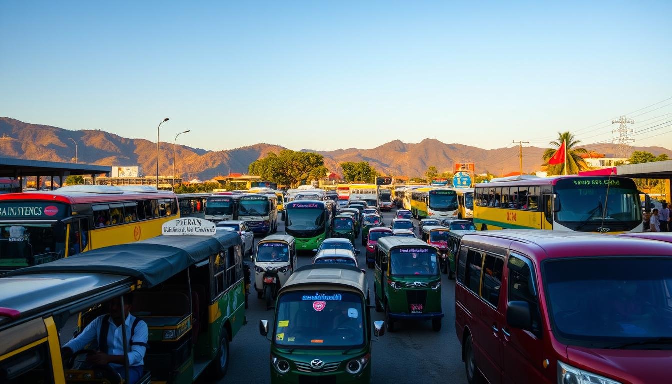 A bustling transportation hub in the heart of Chiang Rai, Thailand. Showcasing a vibrant mix of local buses, tuk-tuks, and private vehicles against a backdrop of lush hills and a clear, blue sky. The scene captures the essence of navigating the region, with pedestrians and drivers seamlessly maneuvering through the dynamic flow of traffic. Warm, natural lighting illuminates the scene, creating a sense of energy and vitality. The composition emphasizes the intersection of various modes of transportation, reflecting the diversity and accessibility of travel options available to visitors exploring the Chiang Rai area. A bustling transportation hub in the heart of Chiang Rai, Thailand. Showcasing a vibrant mix of local buses, tuk-tuks, and private vehicles against a backdrop of lush hills and a clear, blue sky. The scene captures the essence of navigating the region, with pedestrians and drivers seamlessly maneuvering through the dynamic flow of traffic. Warm, natural lighting illuminates the scene, creating a sense of energy and vitality. The composition emphasizes the intersection of various modes of transportation, reflecting the diversity and accessibility of travel options available to visitors exploring the Chiang Rai area.