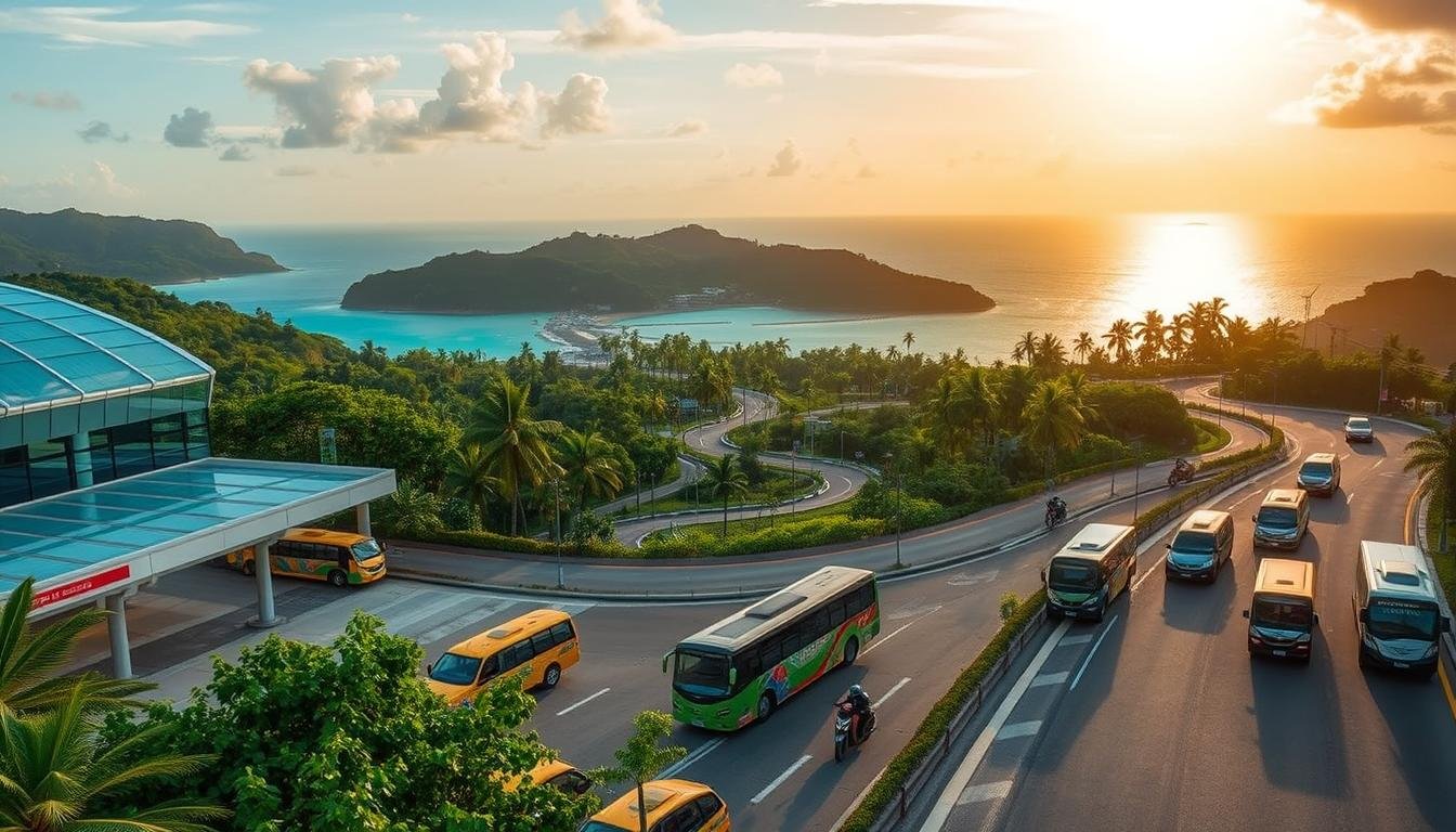 A bustling transportation hub on the idyllic island of Samui, Thailand. In the foreground, a modern airport terminal with sleek glass and steel architecture is flanked by lush tropical foliage. Taxis, tuk-tuks, and shuttle buses wait to ferry passengers to their destinations. In the middle ground, winding roads snake through the verdant landscape, dotted with scooters, cars, and local buses navigating the island's hills and curves. In the background, the turquoise waters of the Gulf of Thailand glisten under a warm, golden sun, framed by swaying palm trees. The scene conveys the vibrant, well-connected transportation network that facilitates exploration of Samui's natural beauty and cultural attractions.